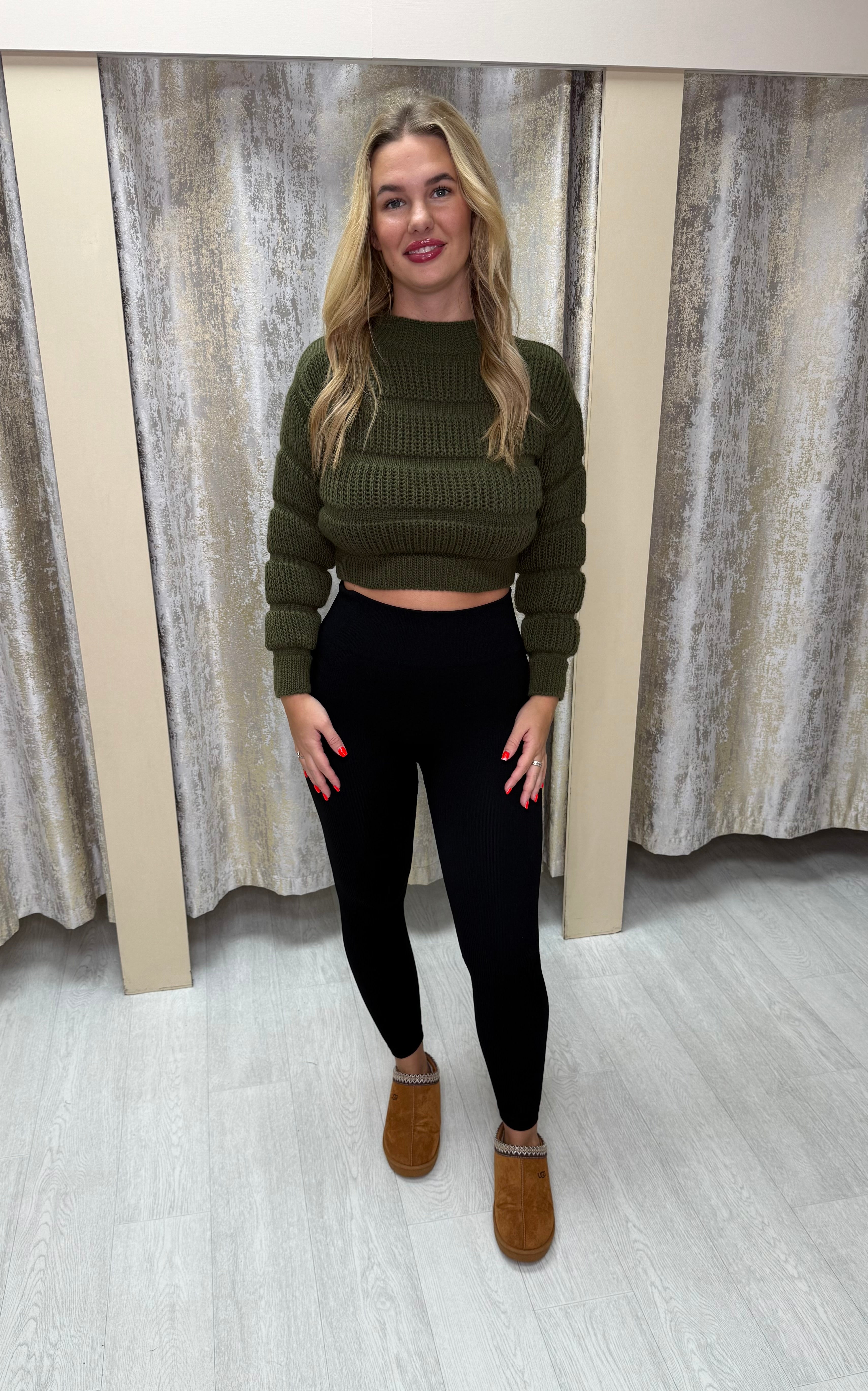 Bubble Knit Cropped Jumper - Khaki Green