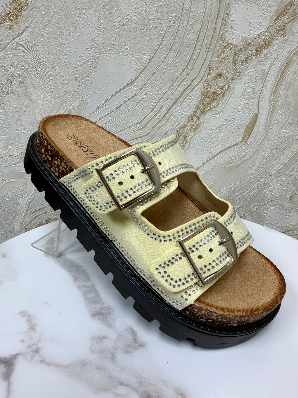 Diamanté Suede Buckle Slider - Lemon