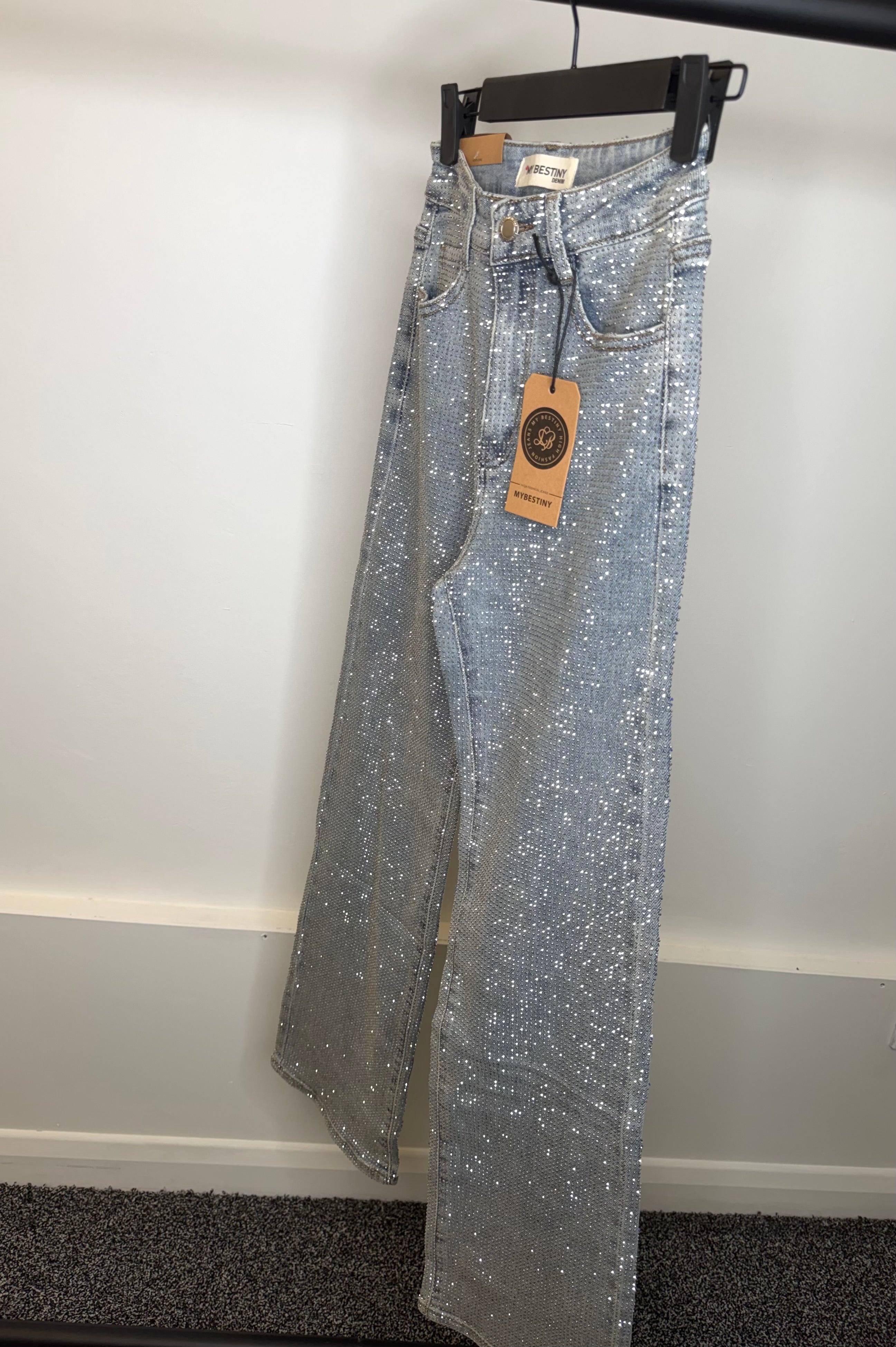Diamanté Denim Wide Leg High Waisted Stretchy Jeans - Grey