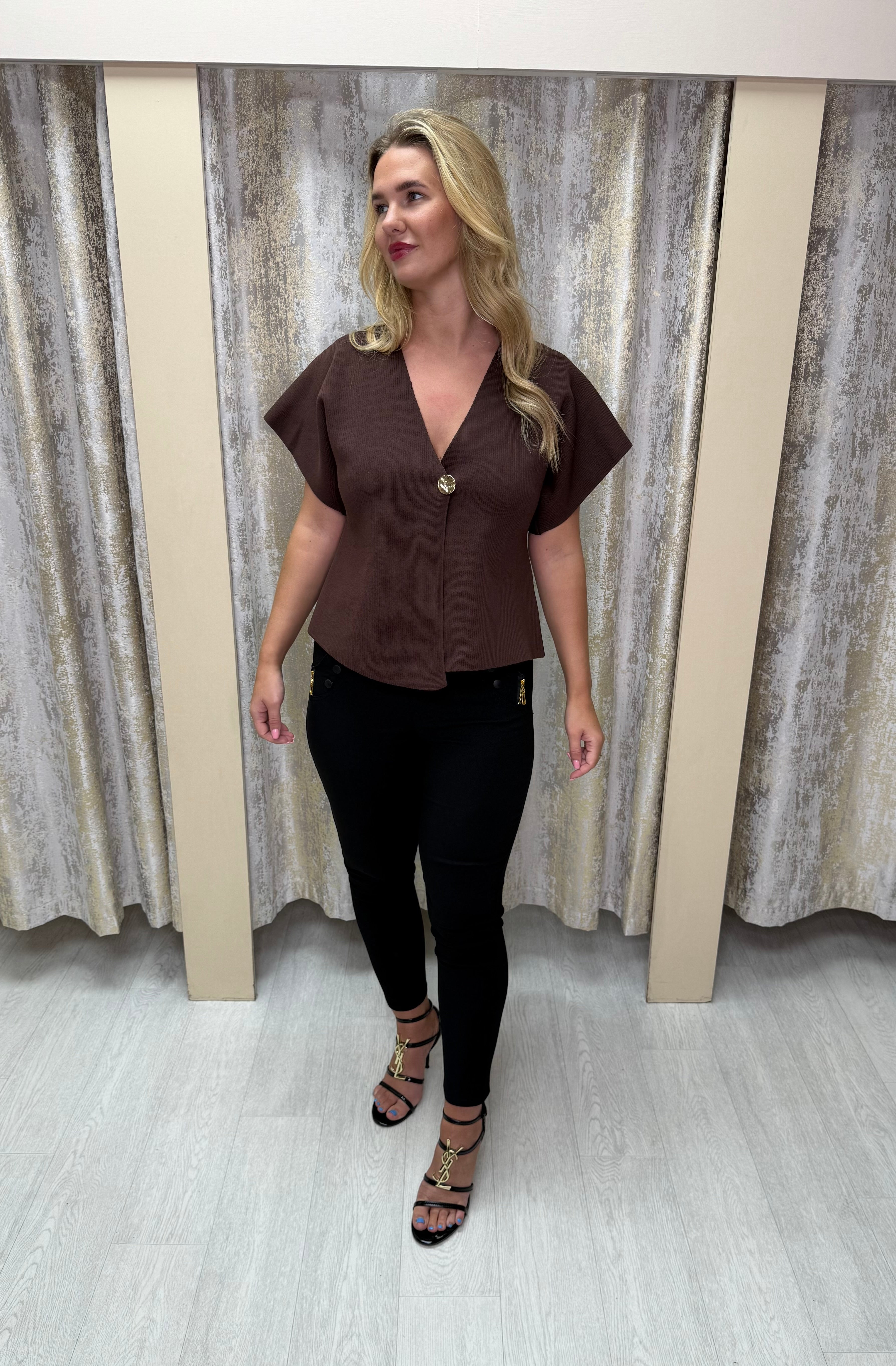 Cap Sleeve Wrap Top with Gold Button Detail