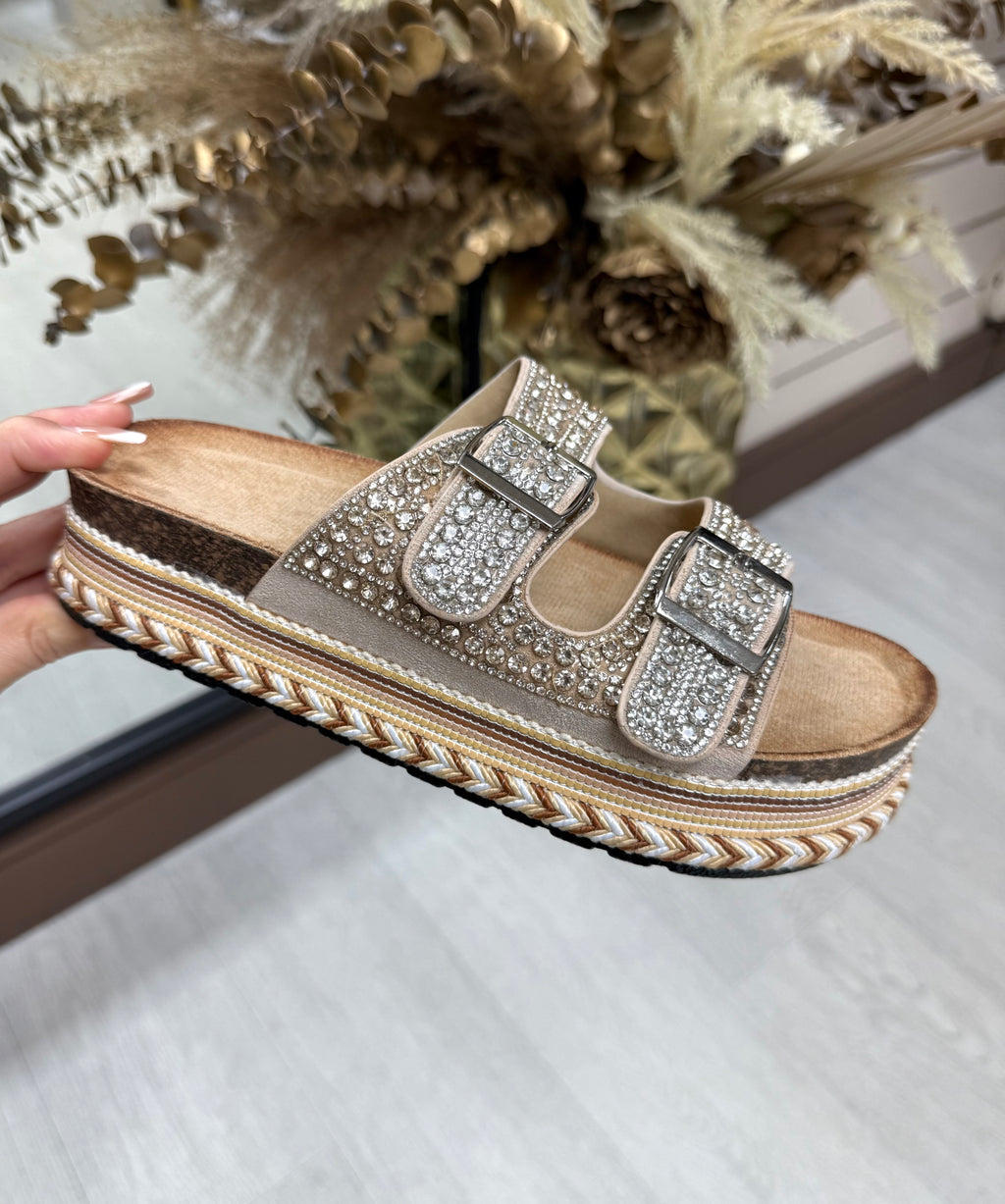 Diamanté Adjustable Buckle Platform Sliders- Beige