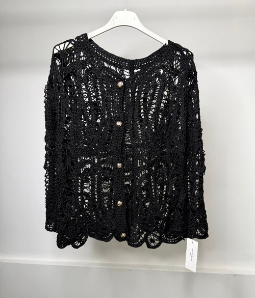 Black Crop Crochet Cardigan With Gold Button Detail