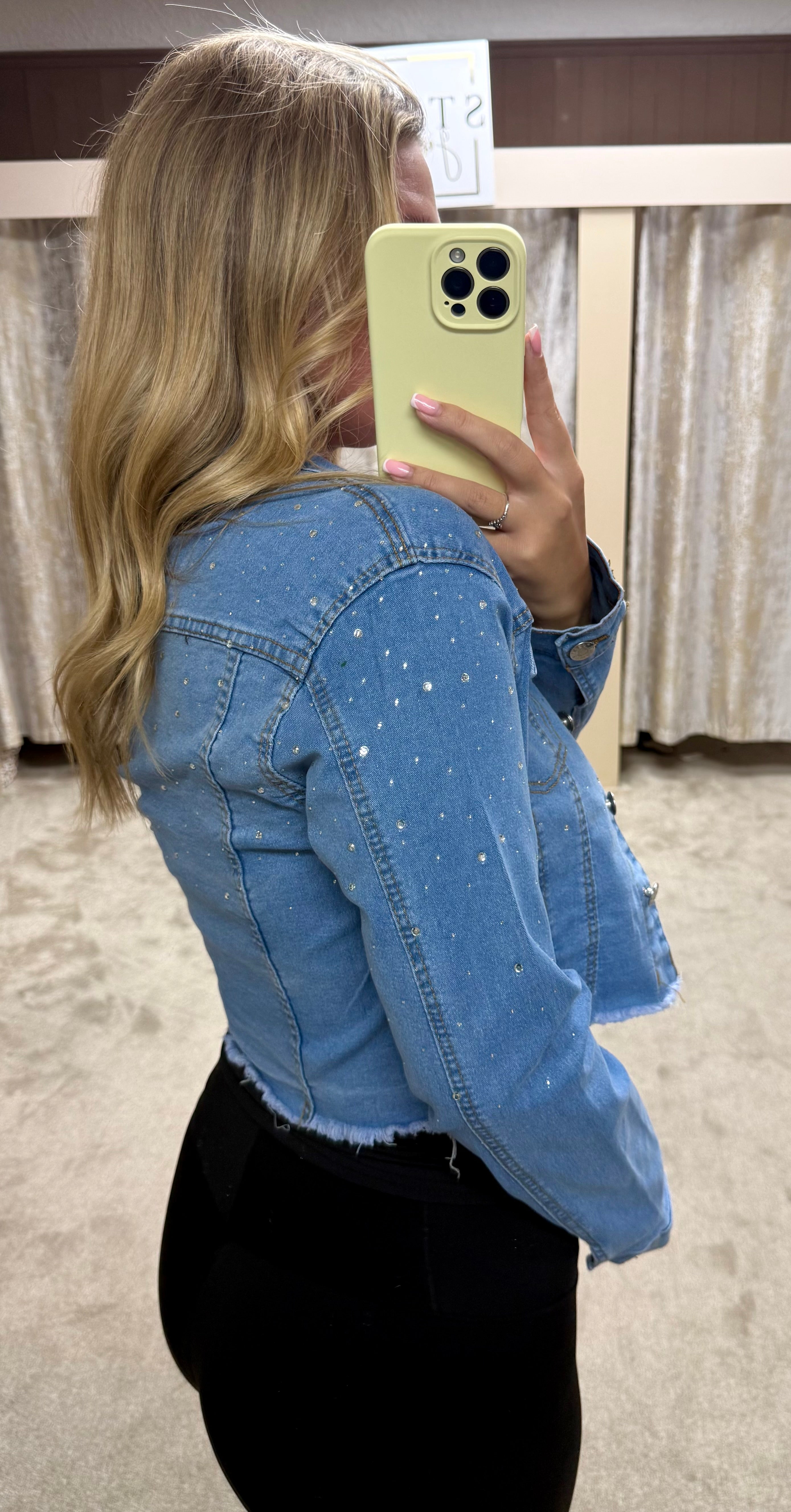 Diamanté Cropped Stretchy Denim Jacket