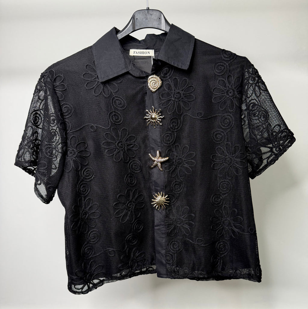 Flower Embroidered Mesh Shirt with Gold Summer Vibe Button Detail