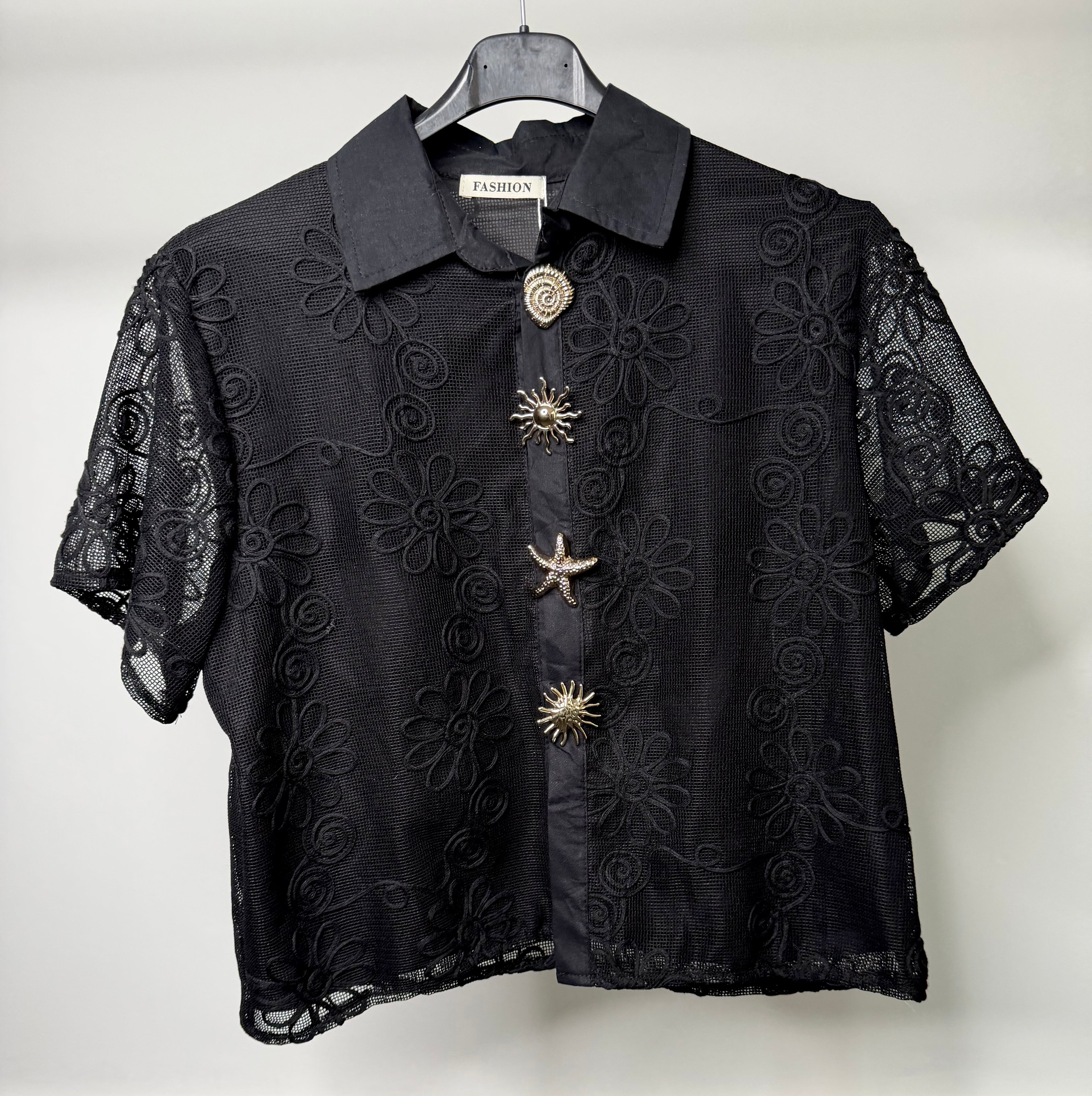 Flower Embroidered Mesh Shirt with Gold Summer Vibe Button Detail