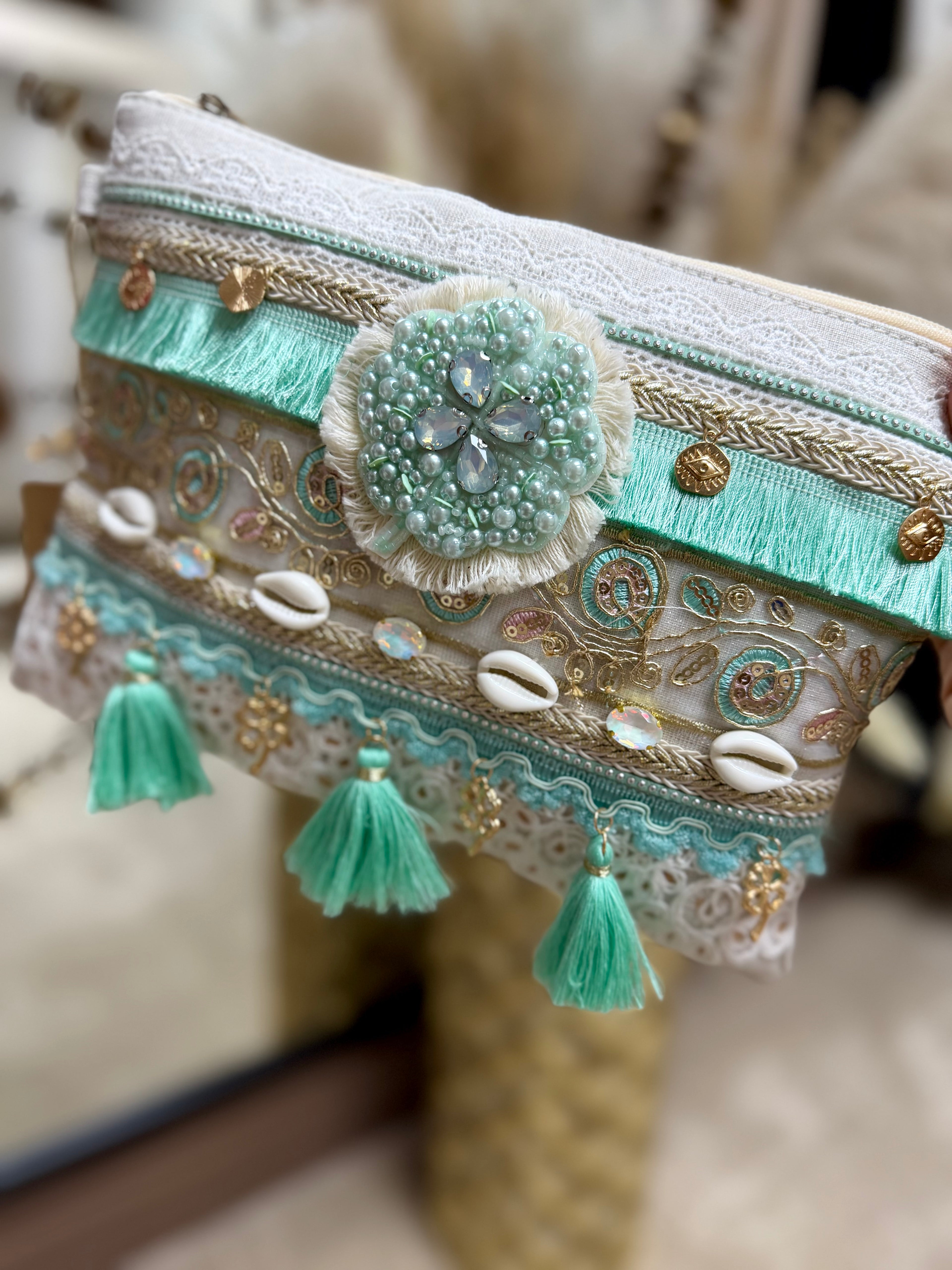 Embellished Boho Clutch Bag - Mint Green Flower