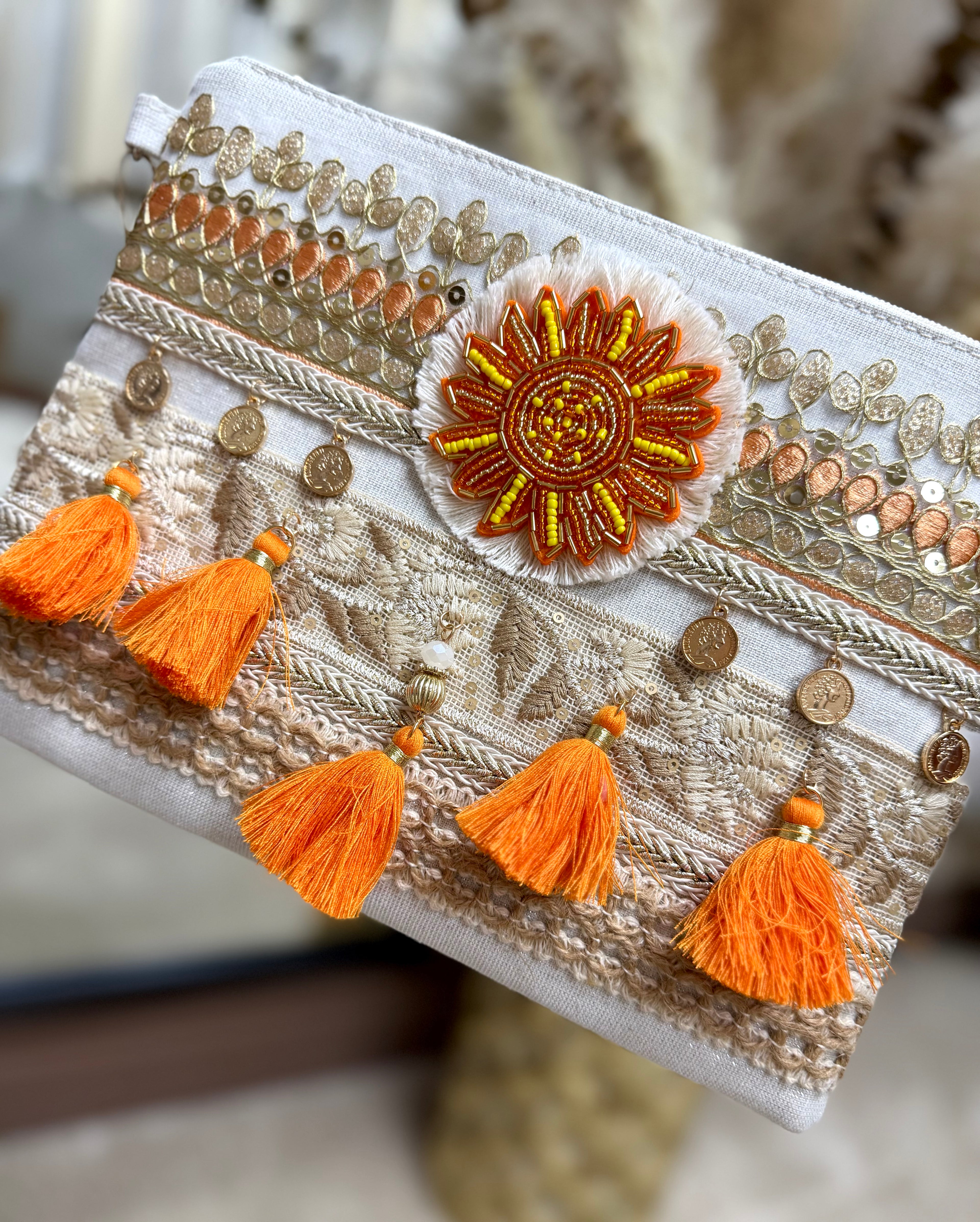 Embellished Boho Clutch Bag - Orange Sunshine