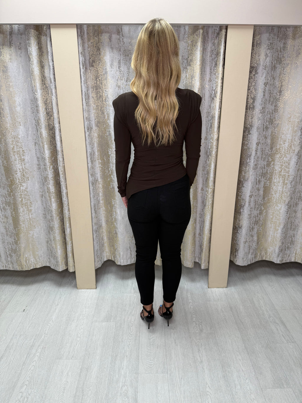 Asymmetric Side Split Long Sleeve Buckle Top with Shoulder Pads & Ruched Detailing