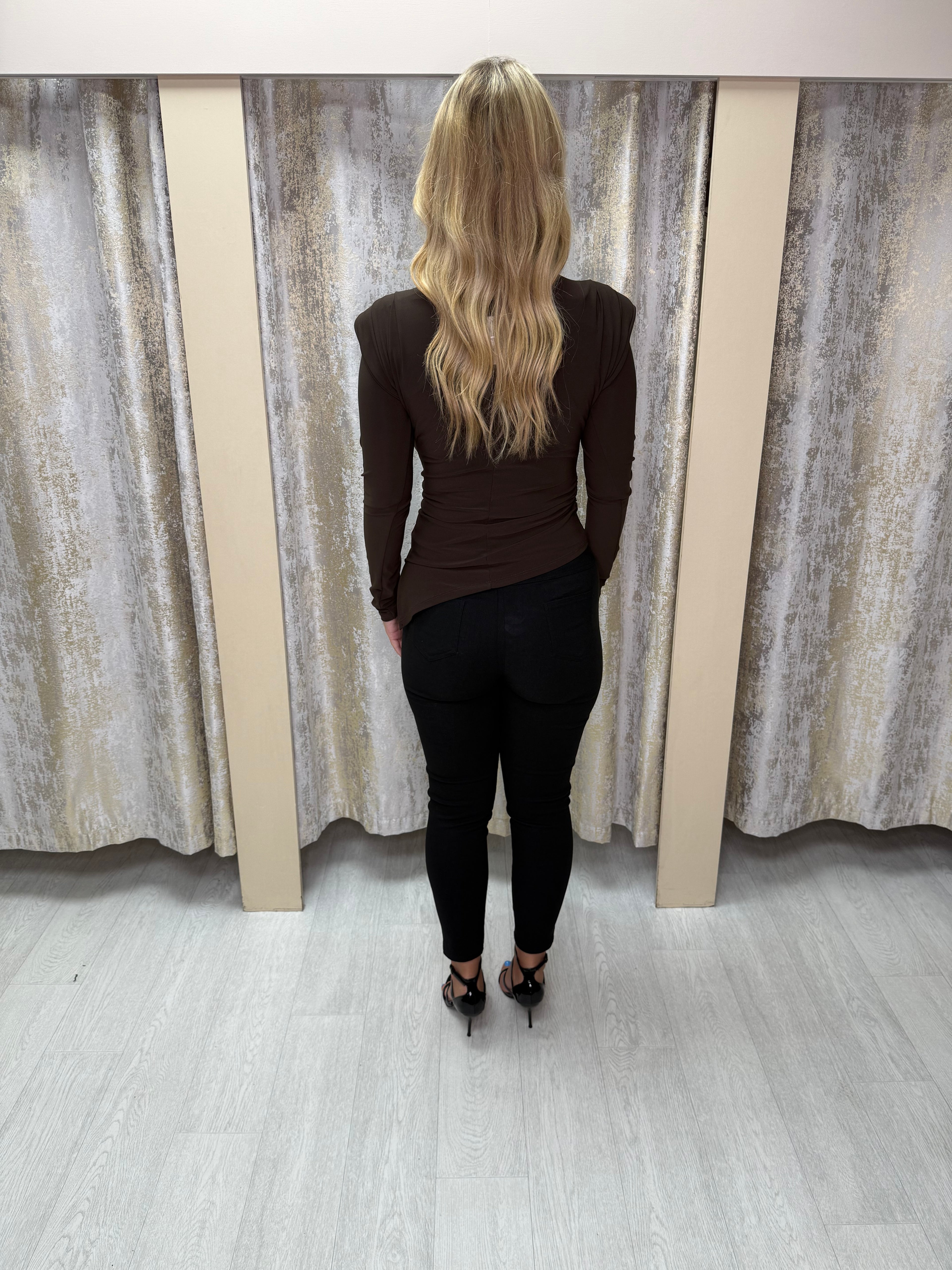 Asymmetric Side Split Long Sleeve Buckle Top with Shoulder Pads & Ruched Detailing