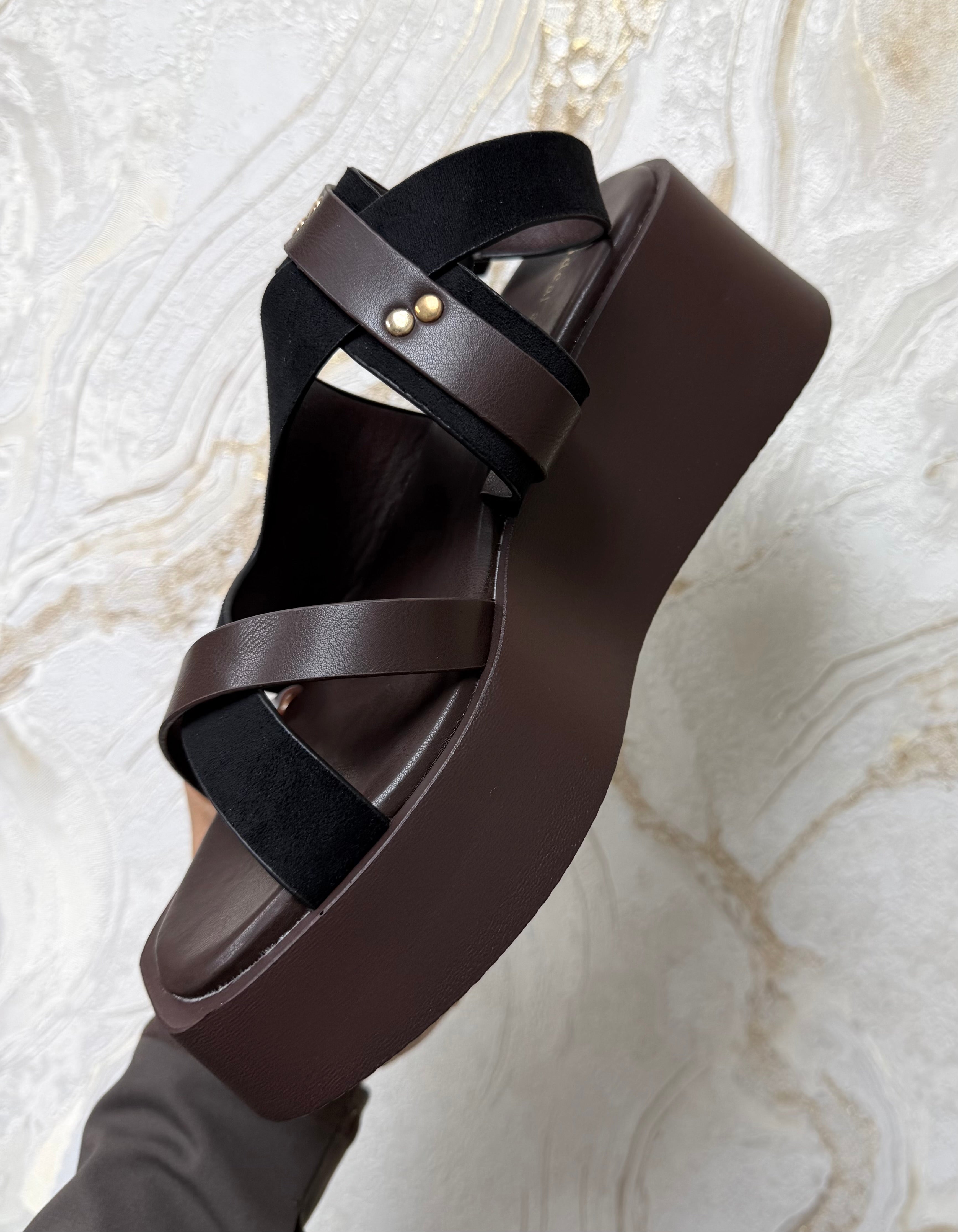 Faux Suede Strappy Flatform Wedge Sandals - Black & Brown