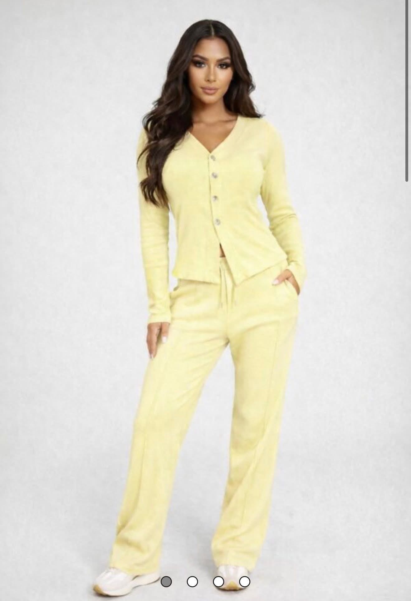 Soft Ribbed Buttoned Cardigan with Wide Leg Trousers - Yellow