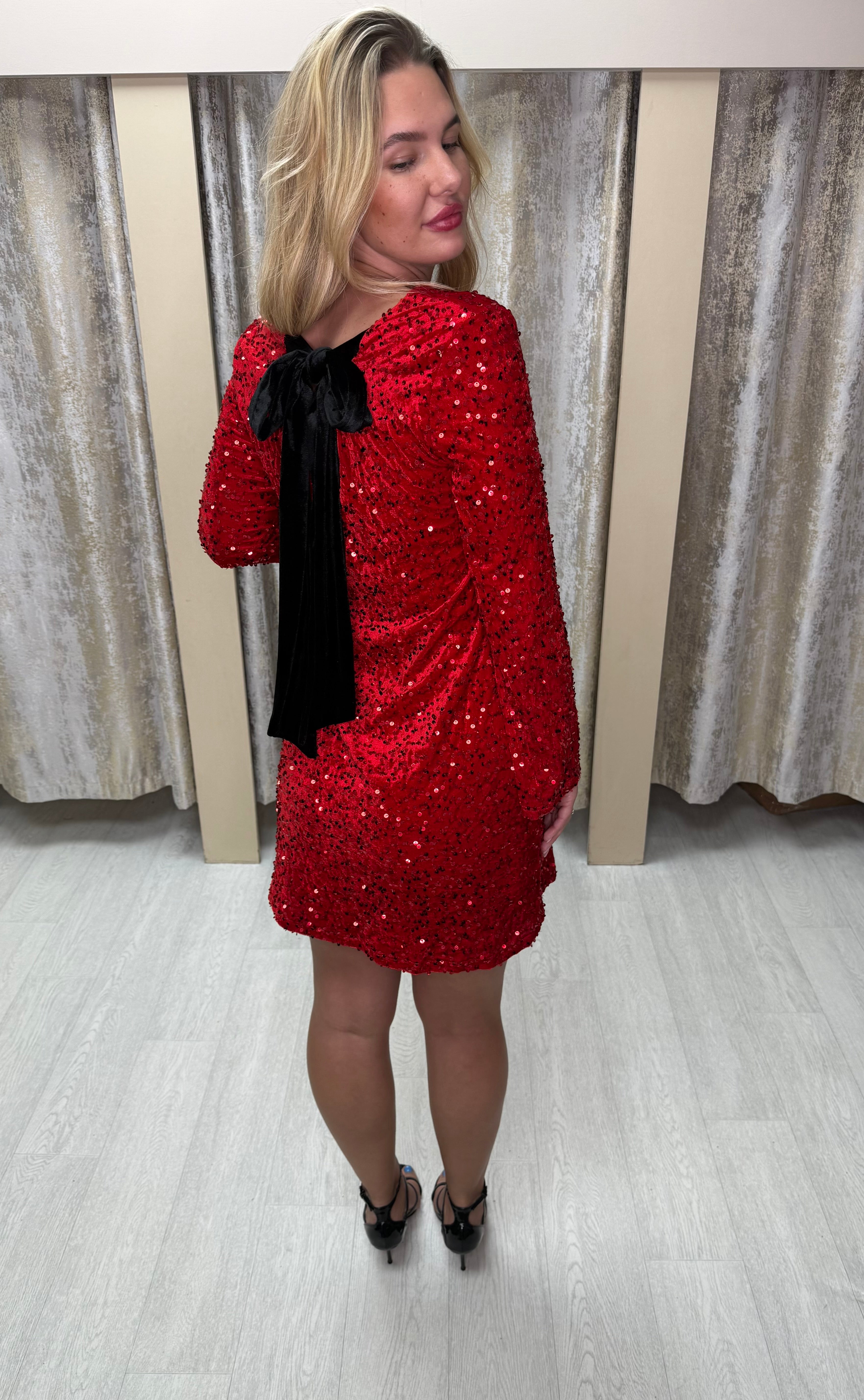 Black Velvet Bow Detail Red Sequin Dress