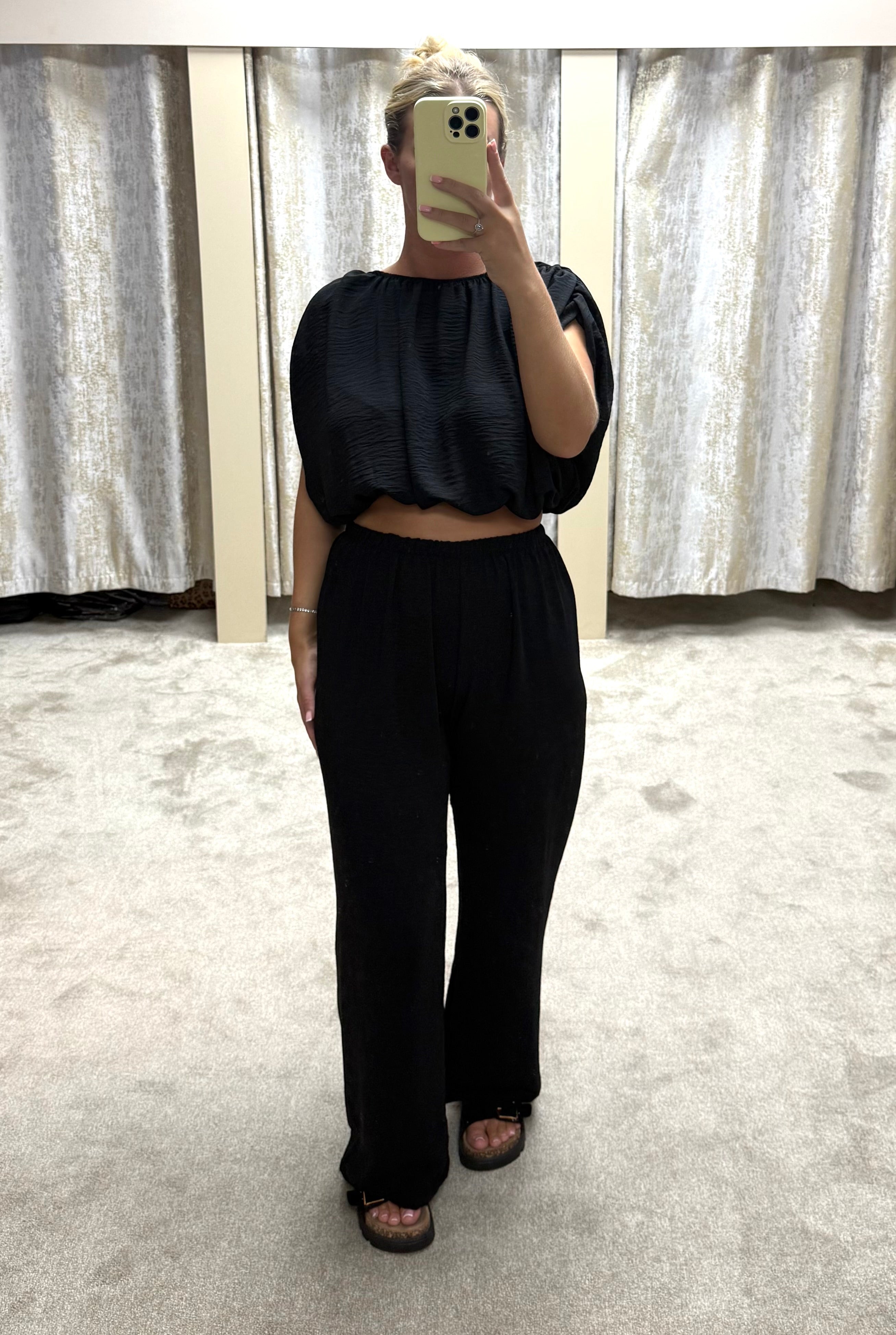 Bubble Hem Elasticated Top & Trouser Co Ord - Black