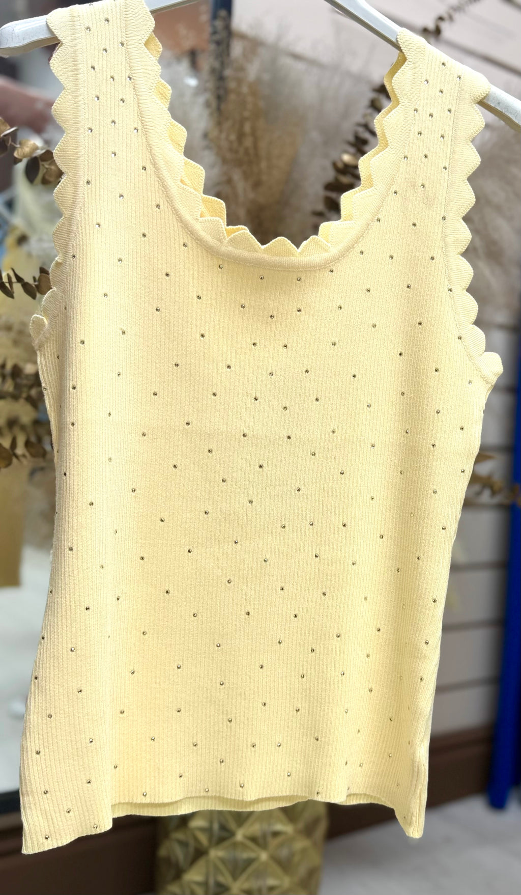 Scallop Trim Round Neck Diamanté Stretchy Vest Top
