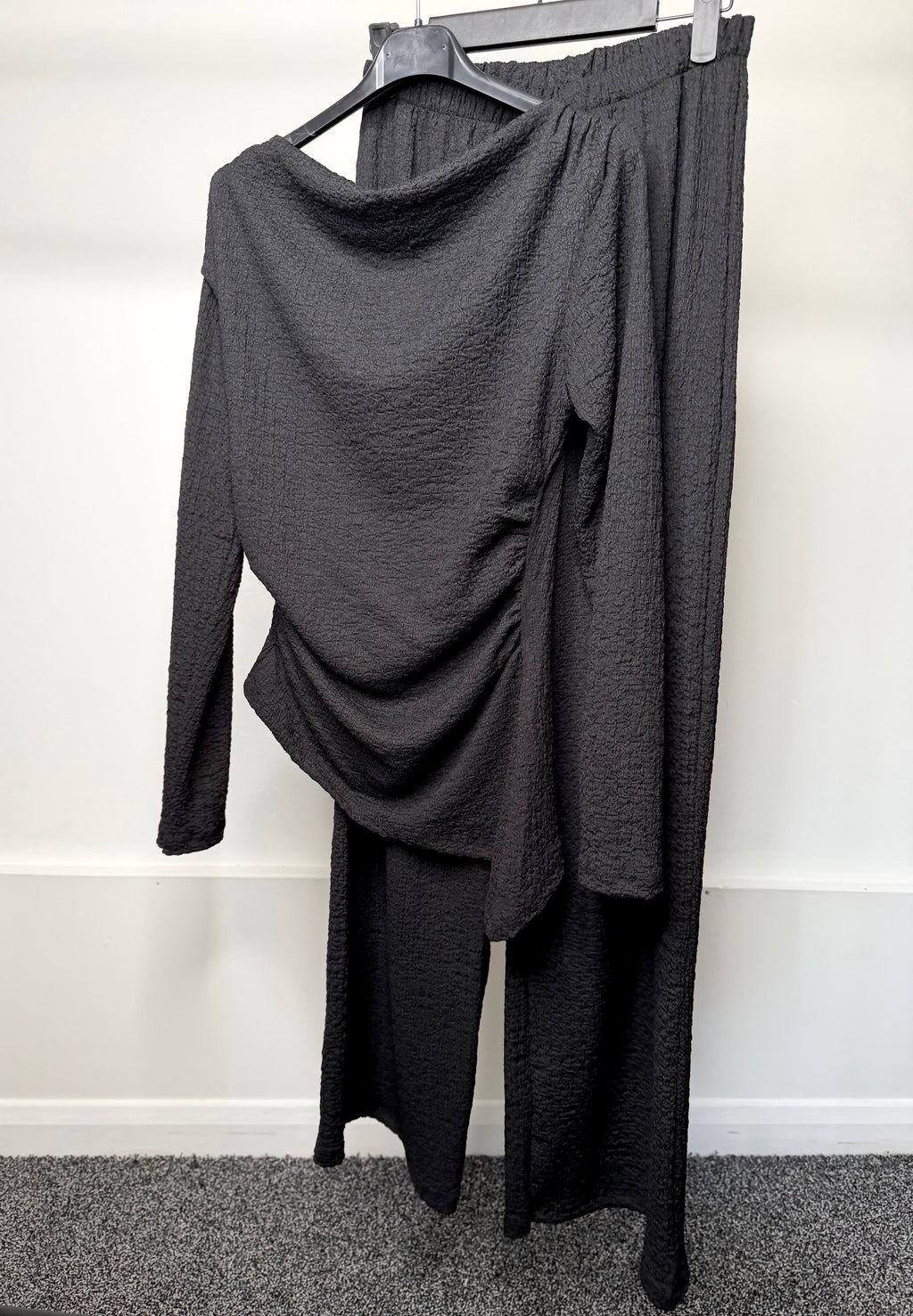 Ruched Detail Waist Cinching Cheesecloth Asymmetrical Long Sleeve Top & Trouser Co Ord