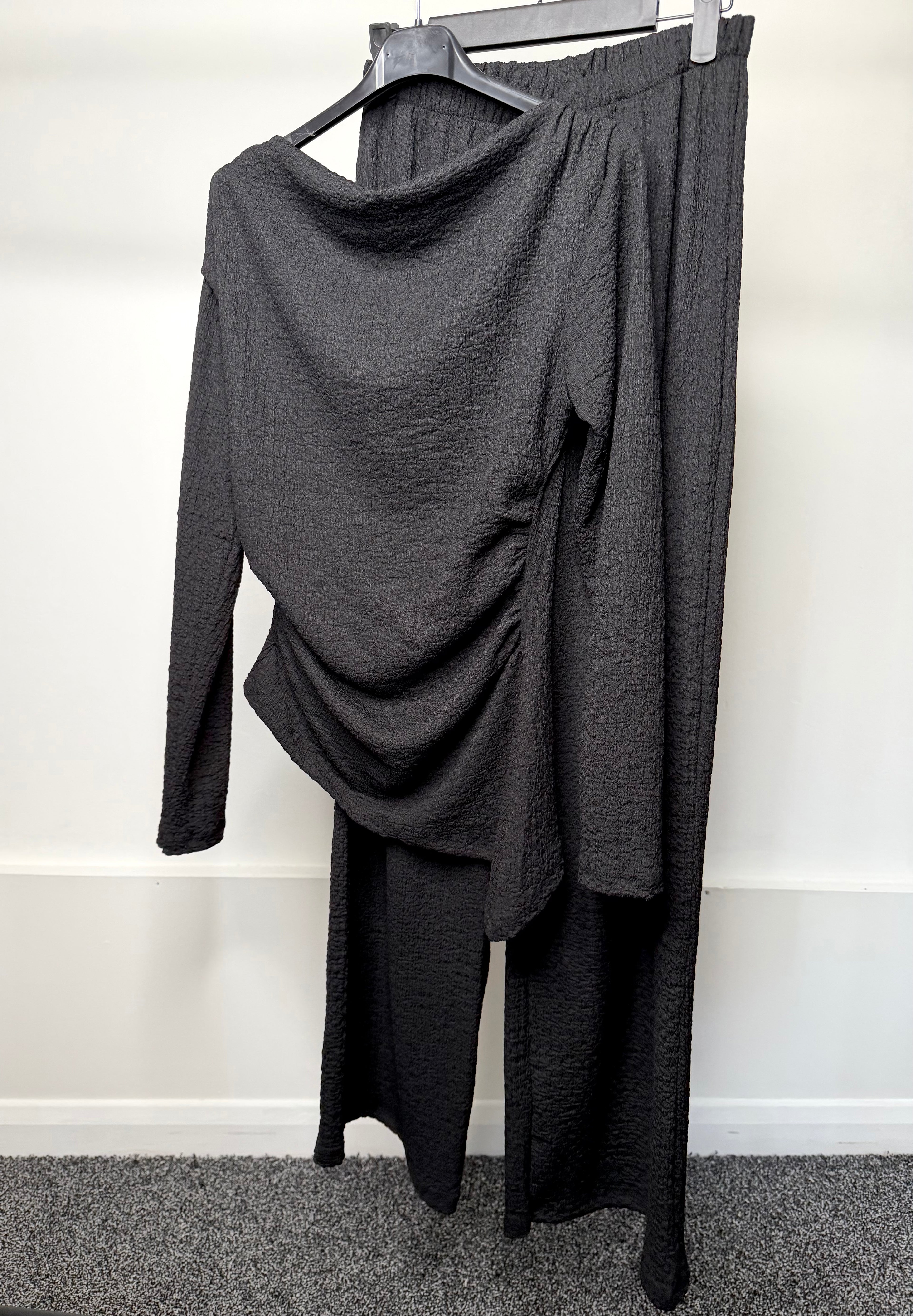 Ruched Detail Waist Cinching Cheesecloth Asymmetrical Long Sleeve Top & Trouser Co Ord