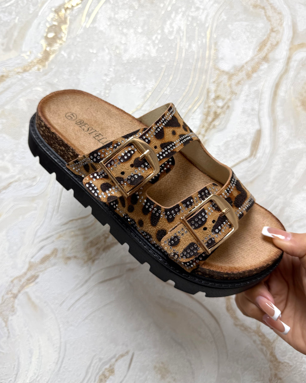 Diamanté Buckle Sliders - Leopard Print