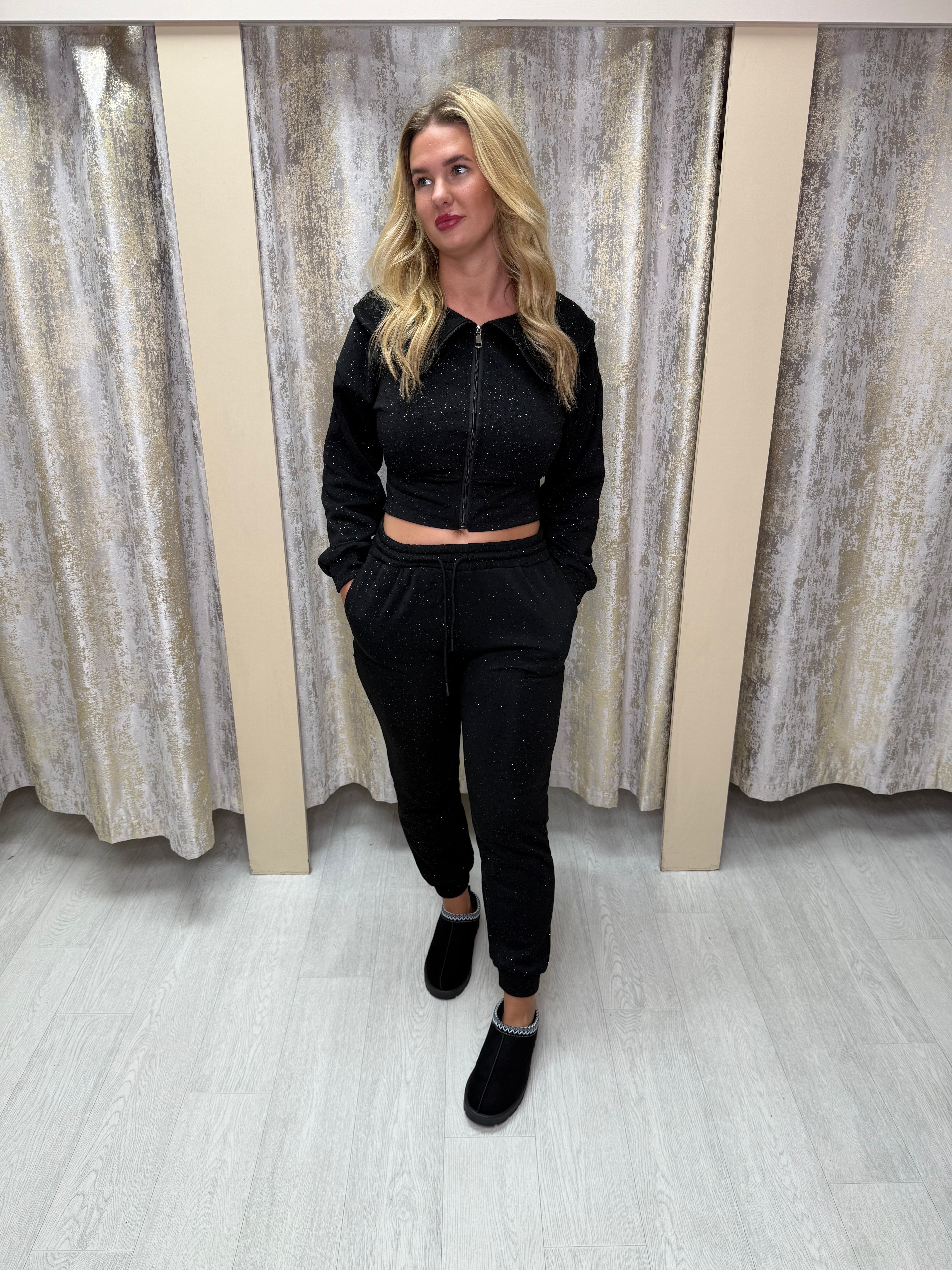 Cinched Waist & Oversized Collar Fine Glitter Cuffed Tracksuit - Black