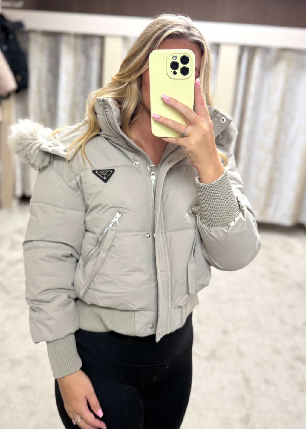 Luxe Faux Fur Paris Logo Coat - Stone