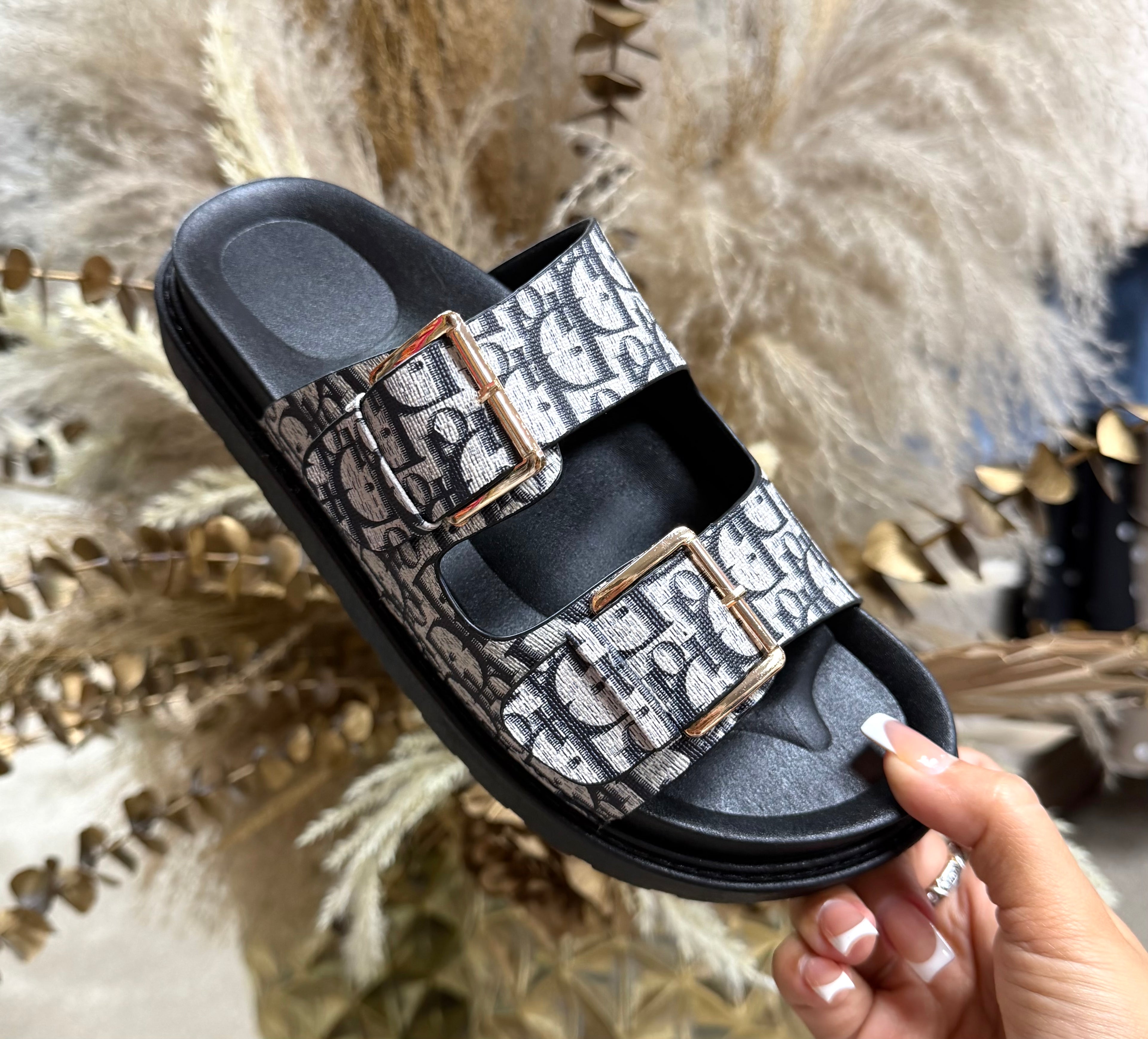 Dior Inspired Buckle Sliders - Black
