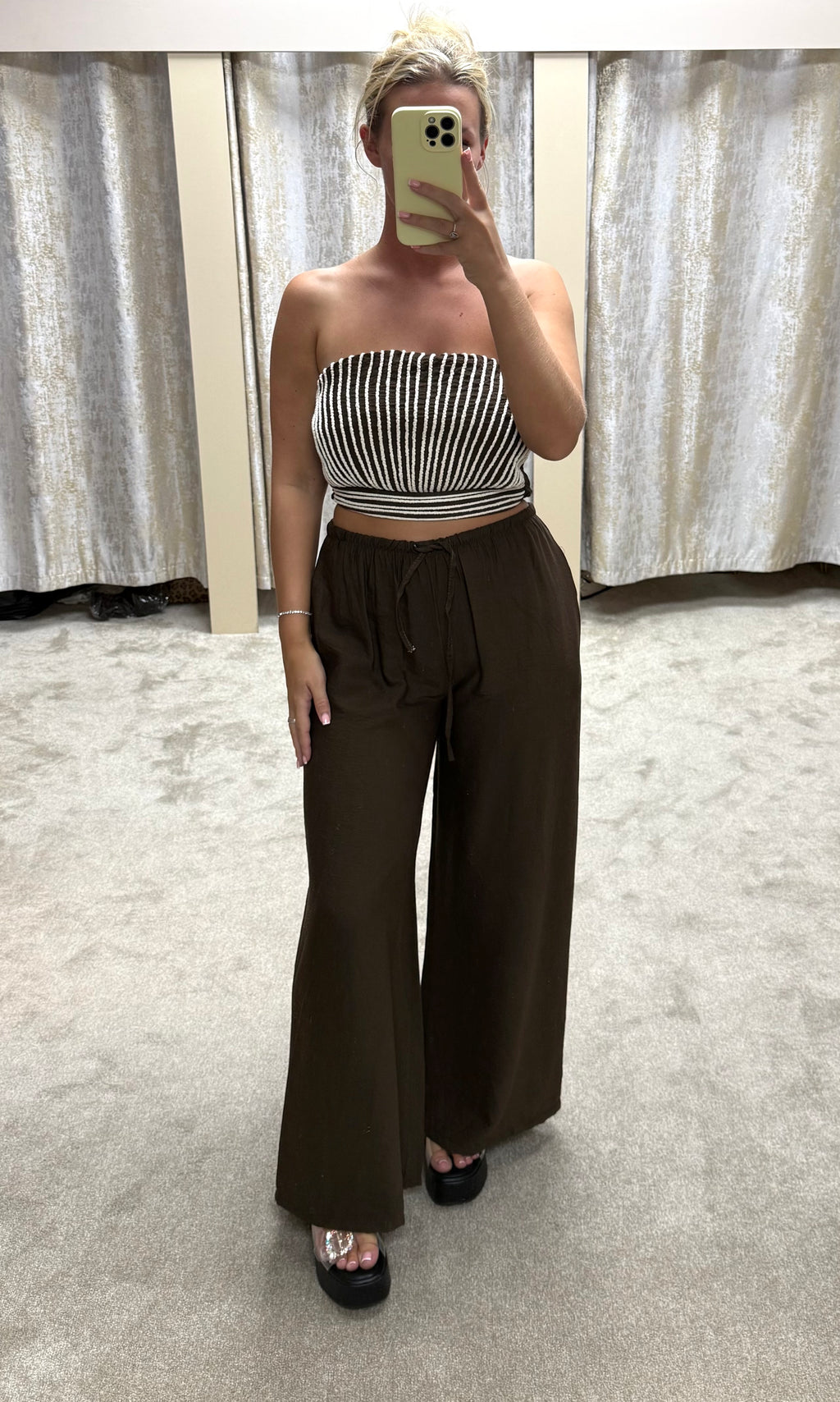 Chocolate Brown & White Bandeau Top & Trouser Co Ord