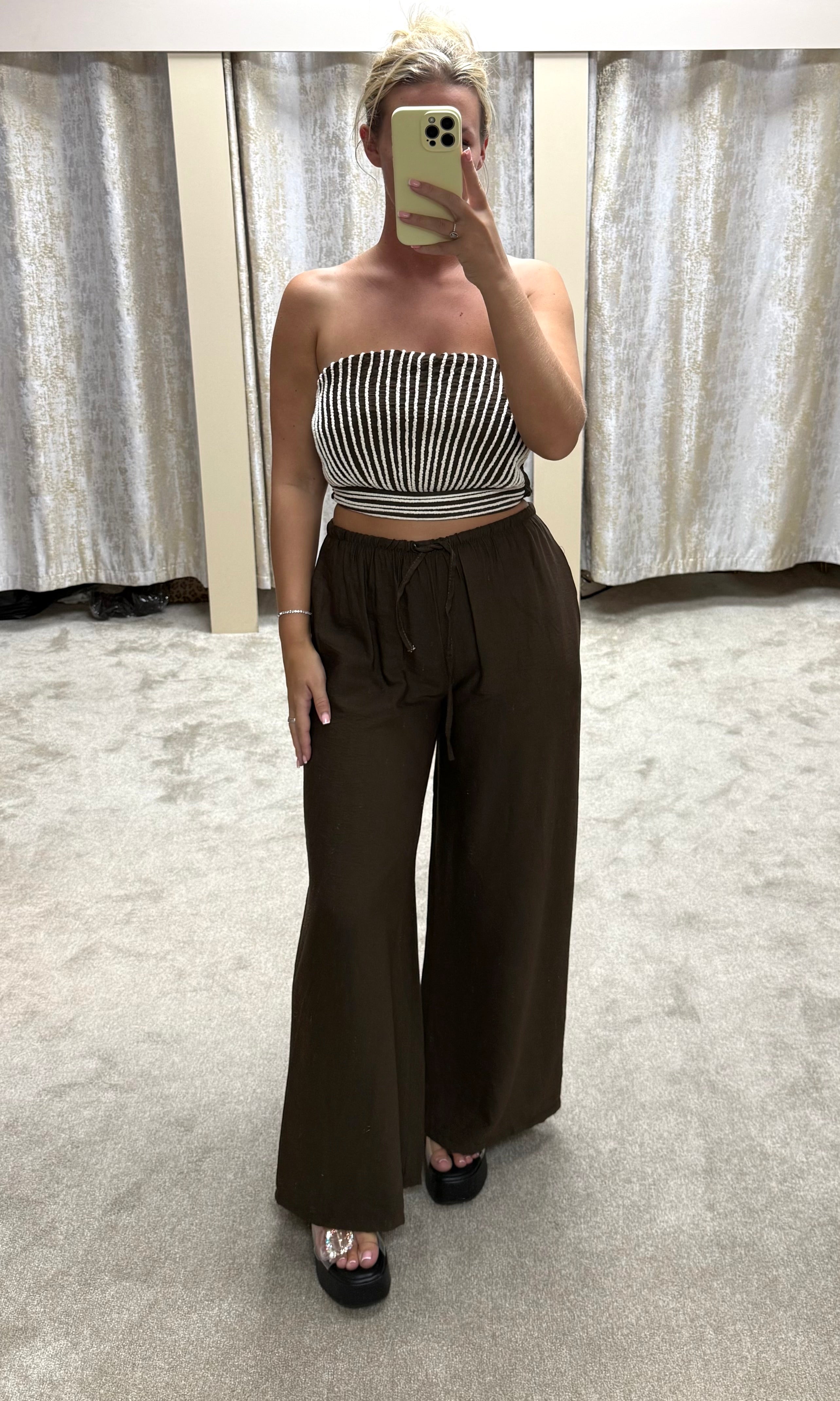 Chocolate Brown & White Bandeau Top & Trouser Co Ord