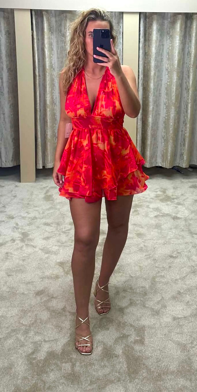 Halter Neck Marble Print Chiffon Dress - Red & Orange