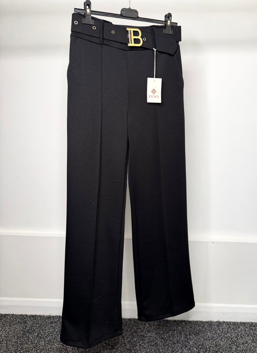 Black Soft Scuba Formal Trousers With B Inspired Gold Buckle Belt