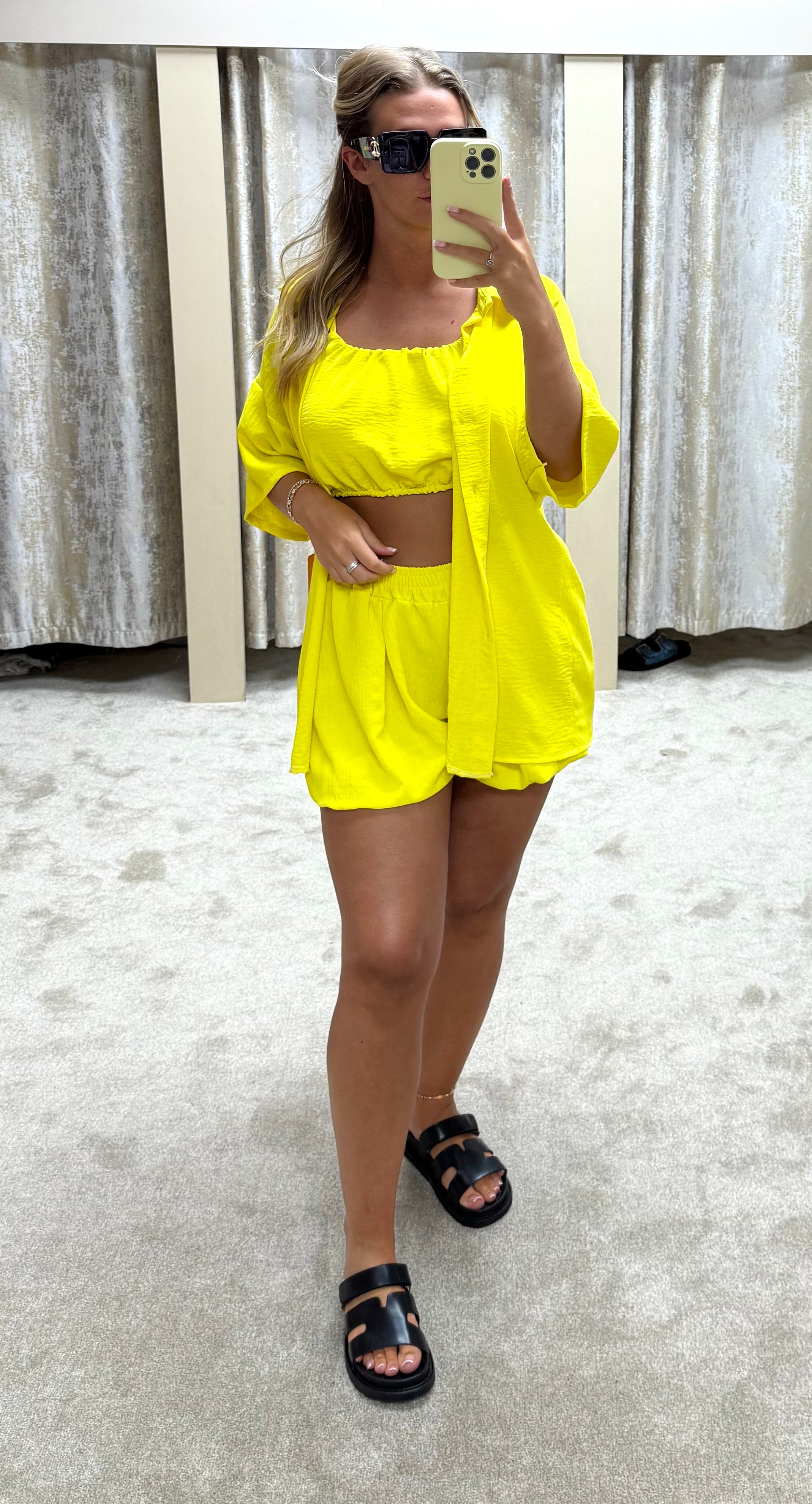 3 Piece Bubble Hem Elasticated Top, Shorts & Shirt Co Ord
