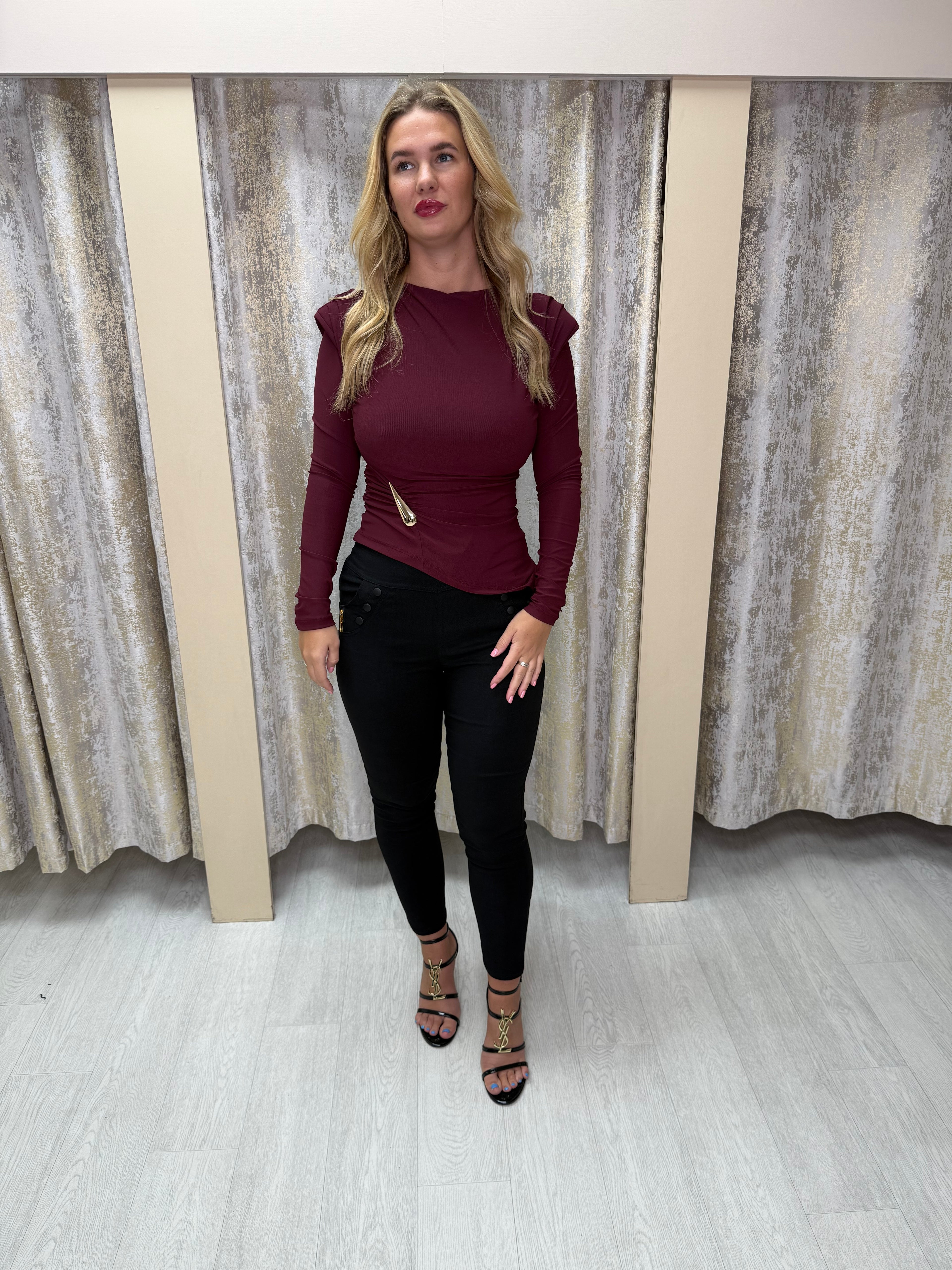 Asymmetric Side Split Long Sleeve Buckle Top with Shoulder Pads & Ruched Detailing