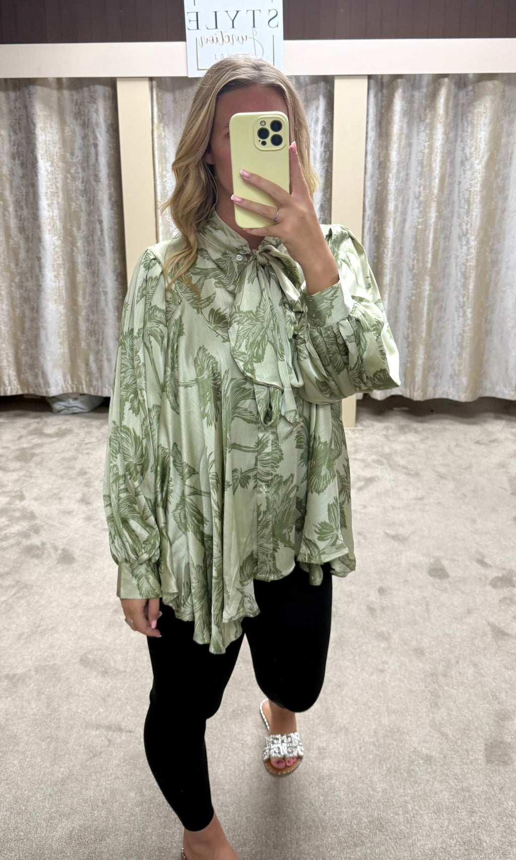 Leaf Print Chiffon Neck Tie Floaty Blouse