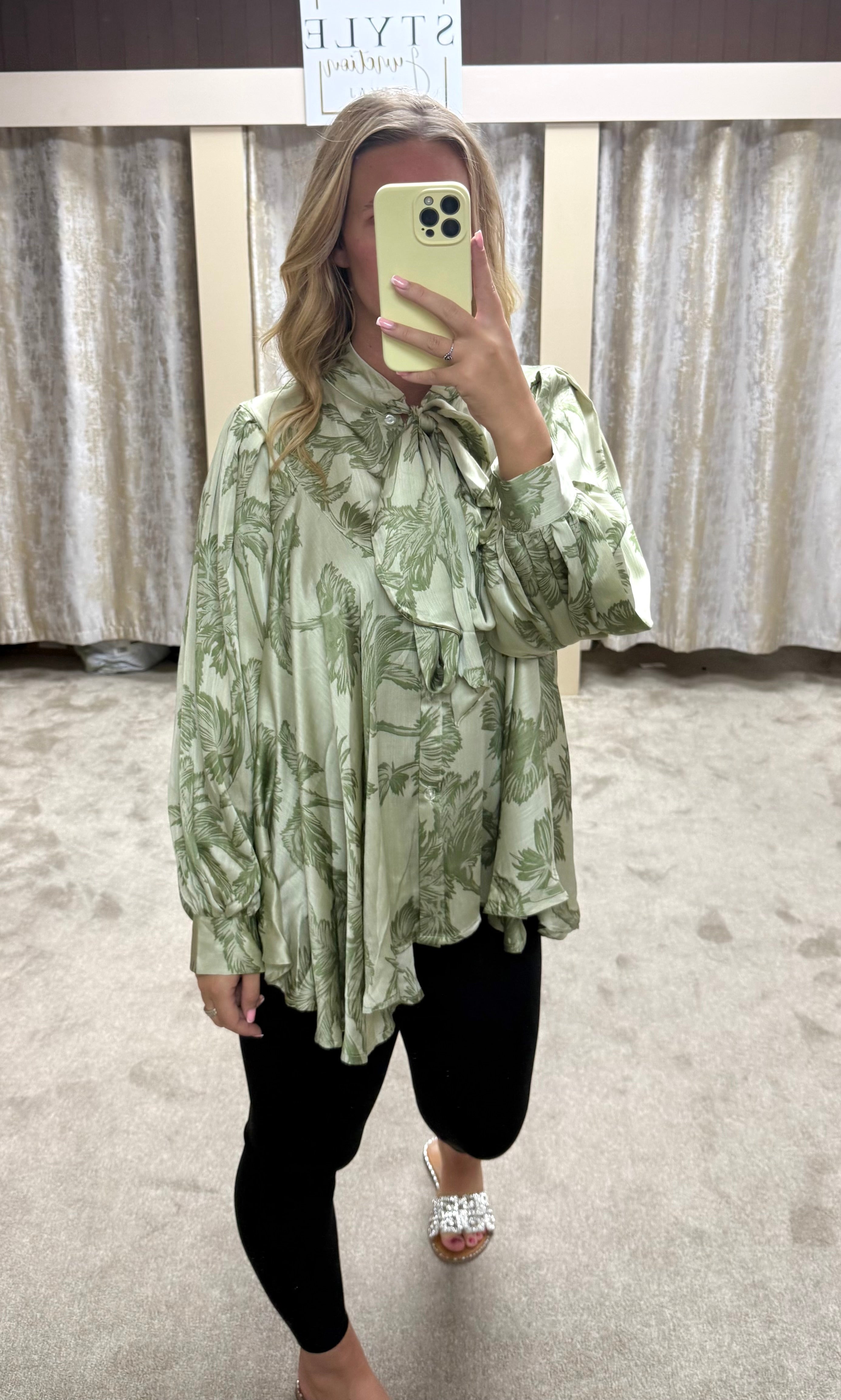 Leaf Print Chiffon Neck Tie Floaty Blouse