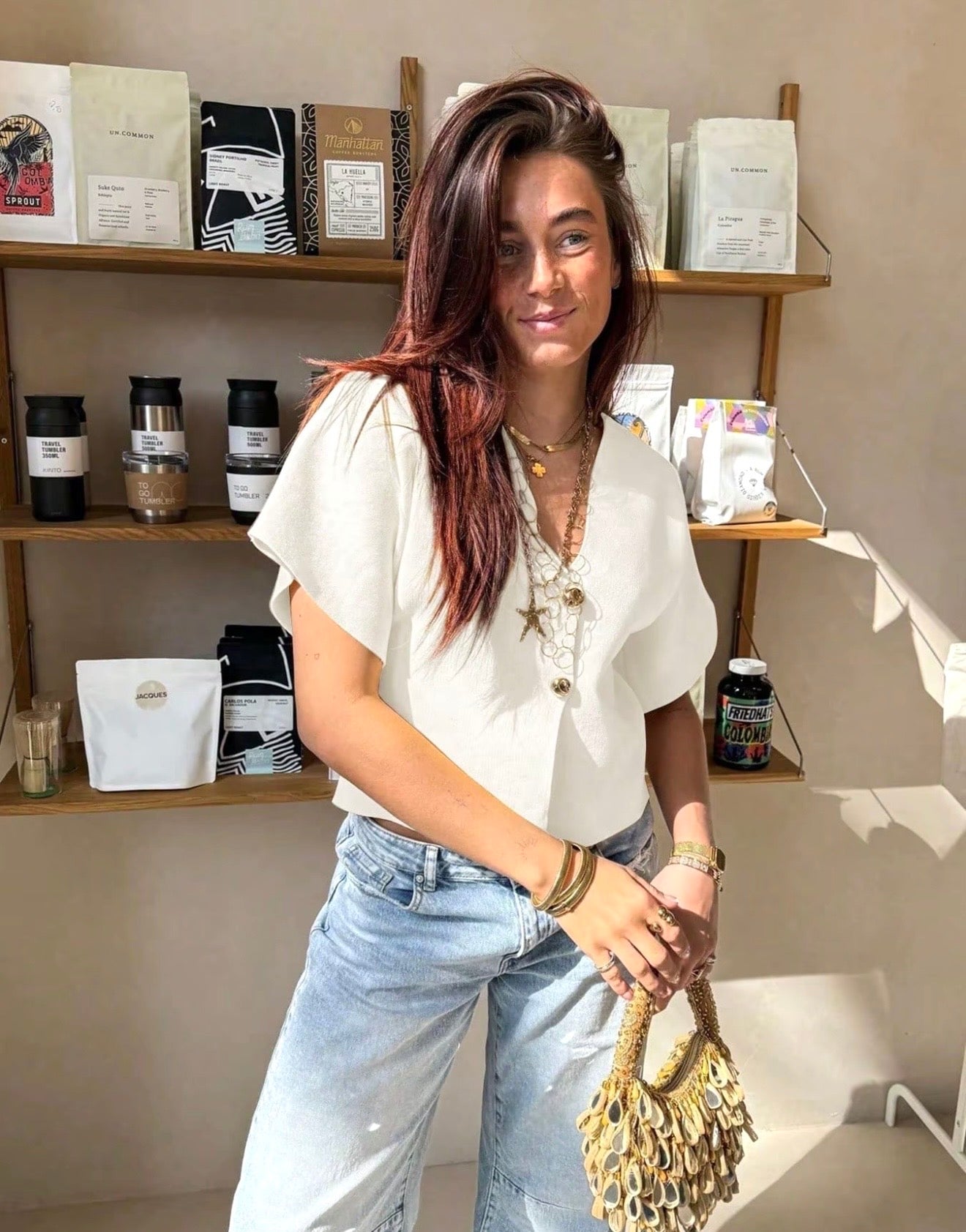 Elegant Front Gold Buckle Cap Sleeve V Neck Top - White