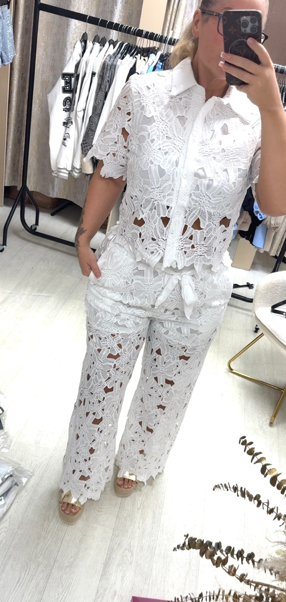 LUXE Lace Crochet Shirt & Bow Belted Trousers Co Ord