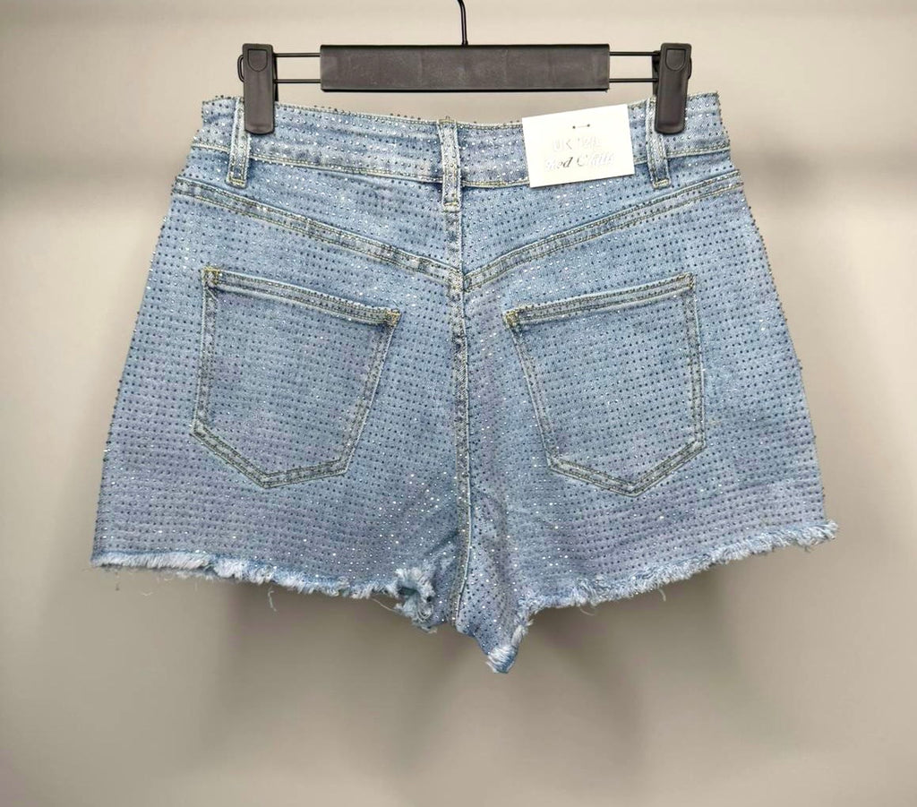 Diamanté Stretchy Denim Shorts with Frayed Hem