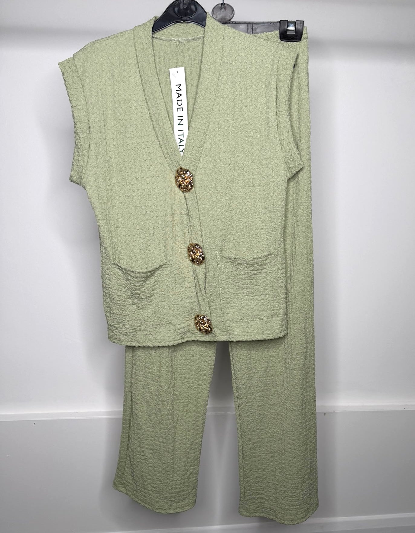 Crinkle Waistcoat & Trouser Co Ord with Gold Button Detailing