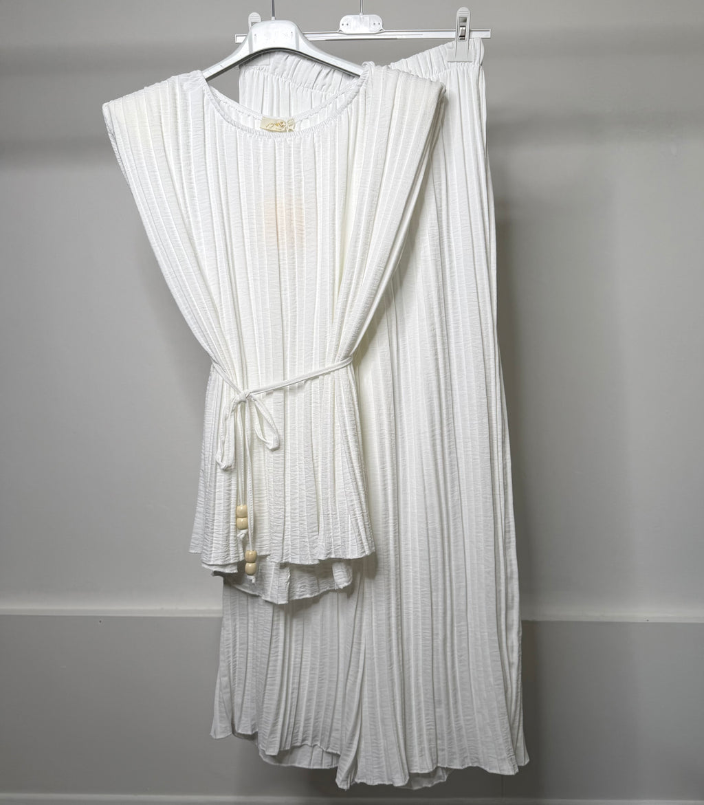 Pleated Shoulder Pad Tie Waist Top & Trouser Co Ord