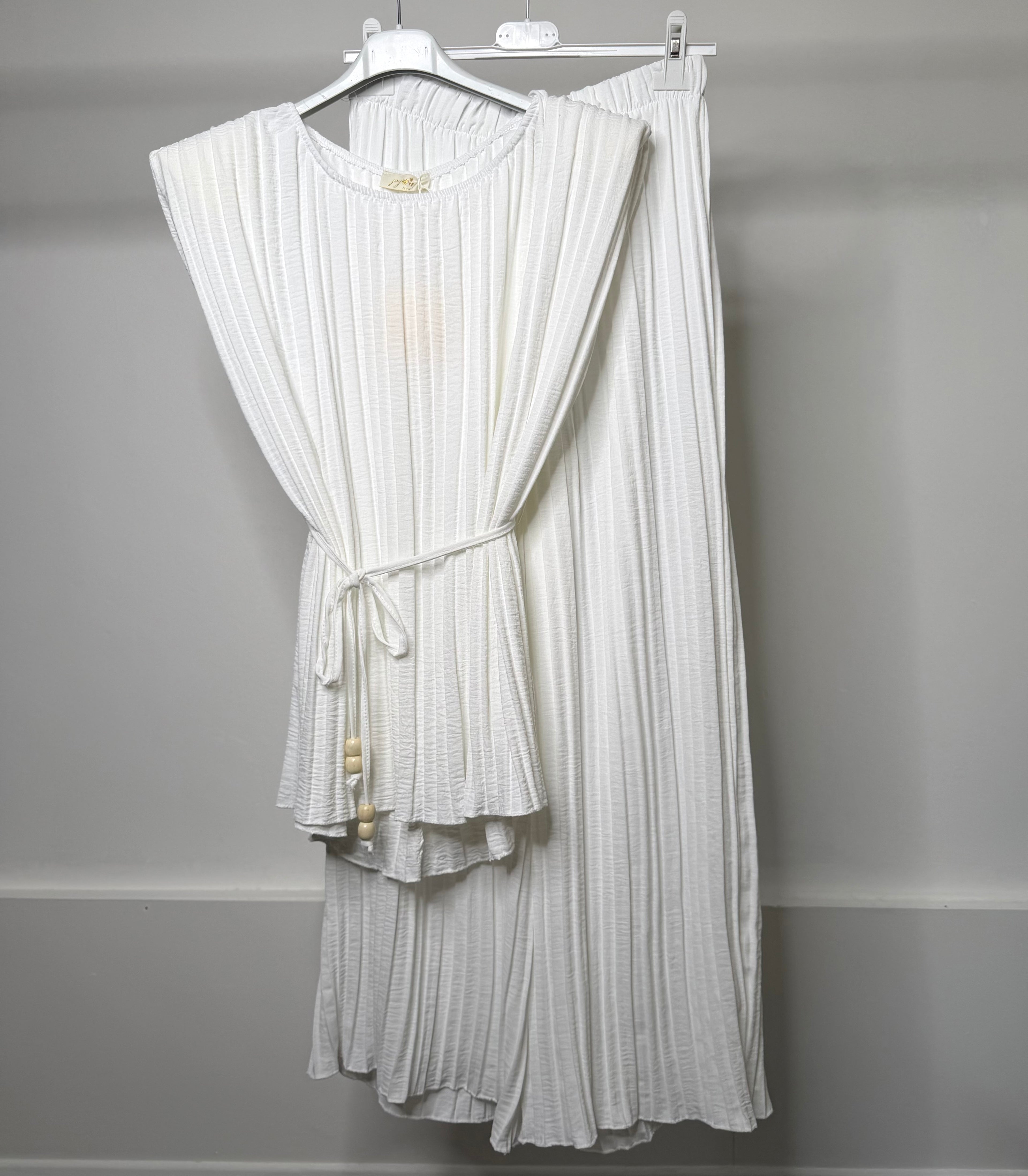 Pleated Shoulder Pad Tie Waist Top & Trouser Co Ord