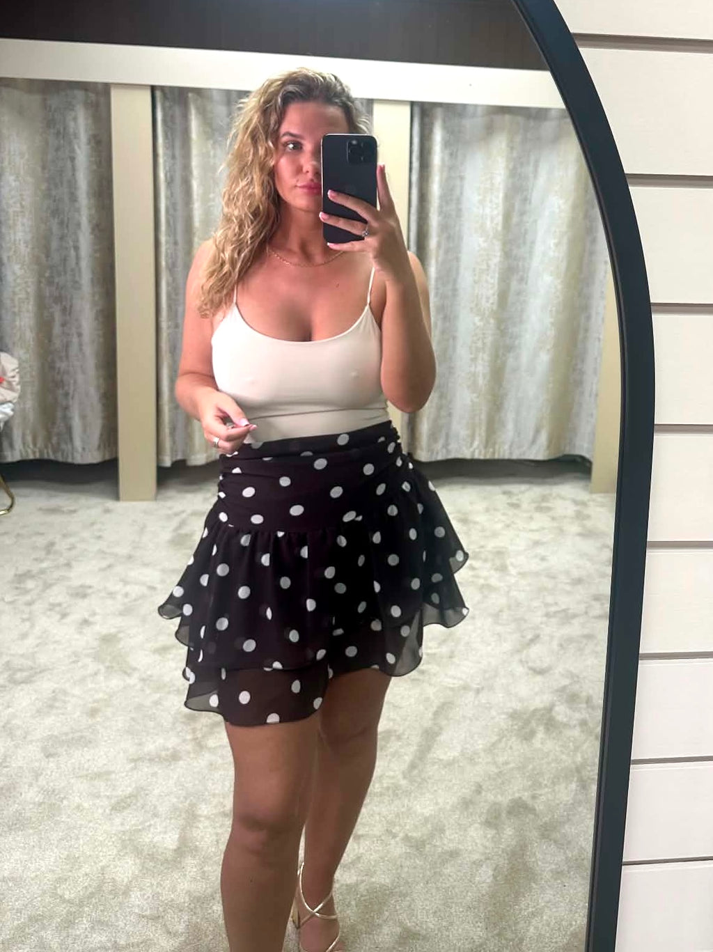 High Waisted Chocolate Brown Chiffon Polka Dot Skirt