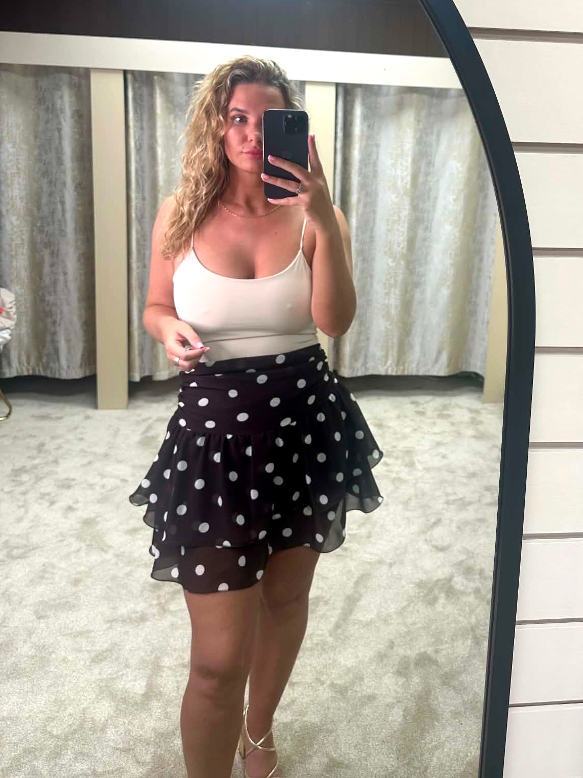 High Waisted Chocolate Brown Chiffon Polka Dot Skirt