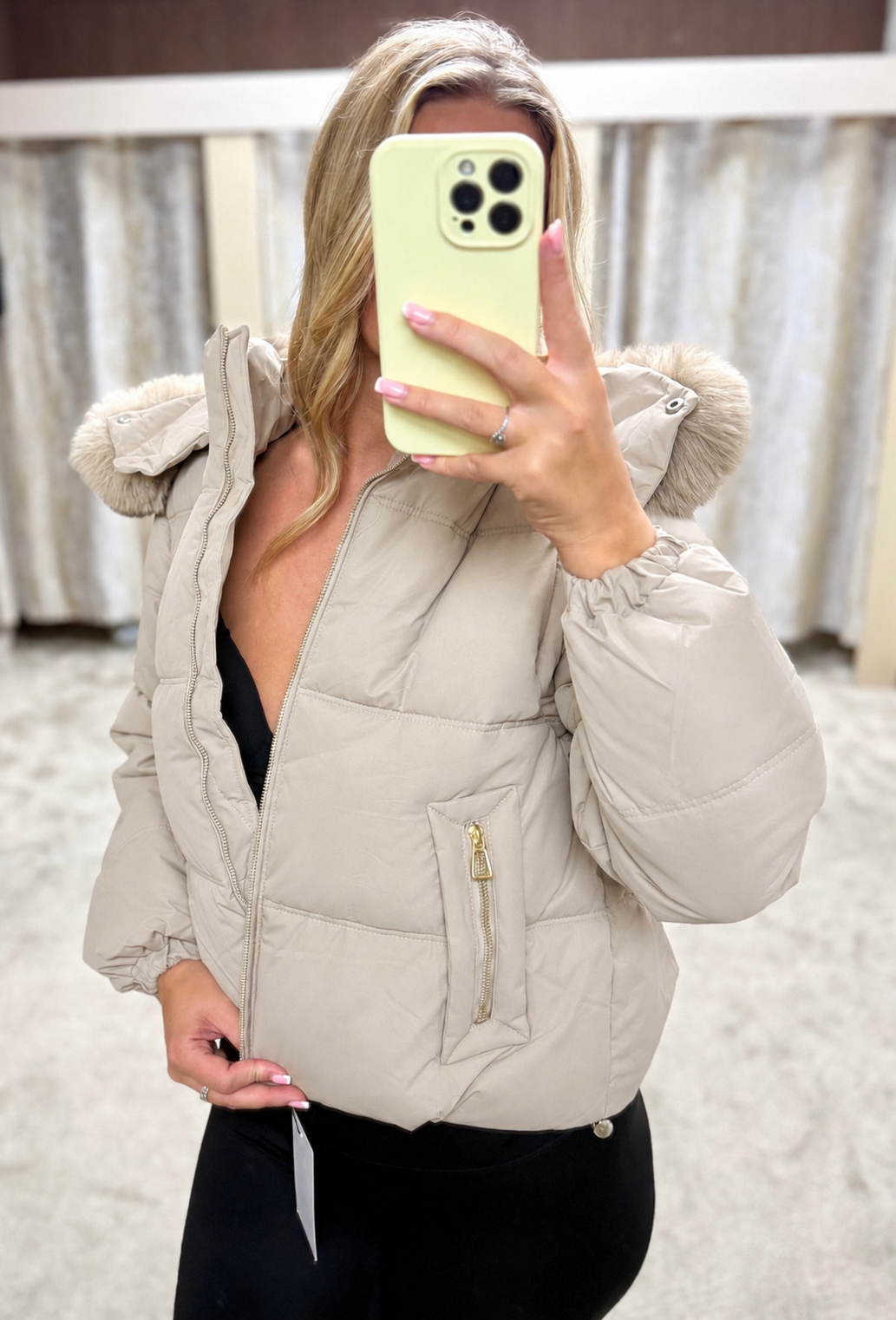 Luxe Faux Fur Gold Zip Detail Coat - Stone