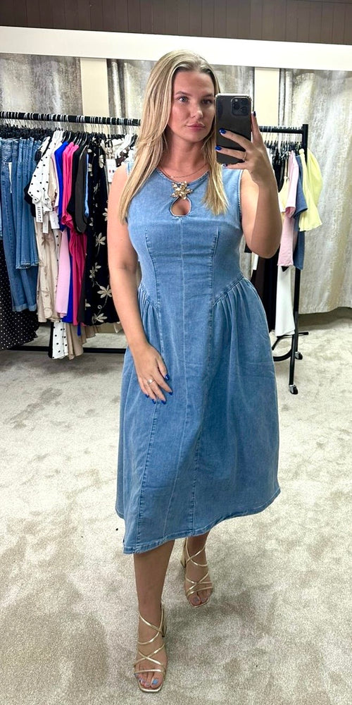 Denim Dropped Waist Midi Dress With Gold Flower Detail