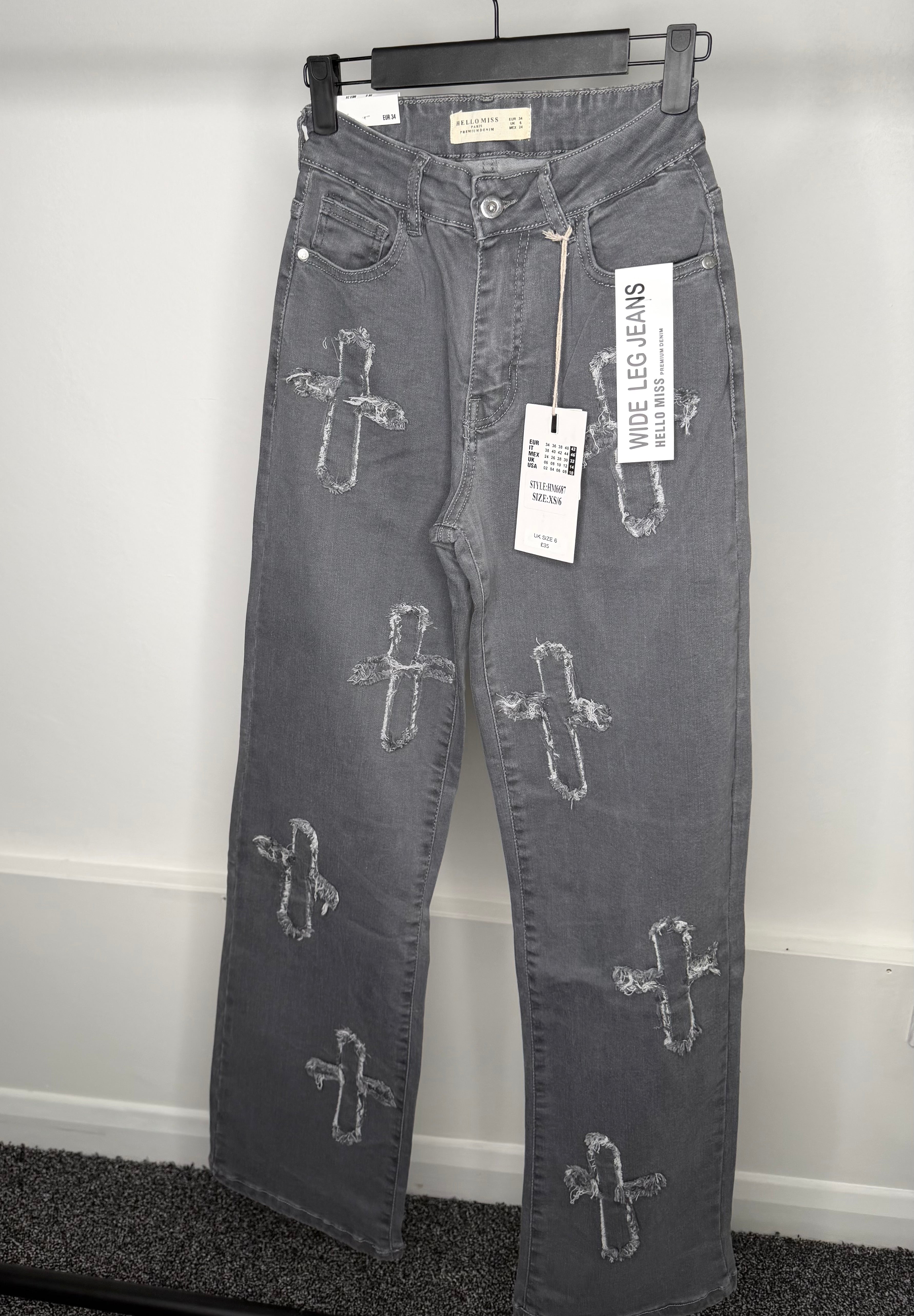 Crucifix Premium Denim Wide Leg High Waisted Stretchy Jeans - Grey