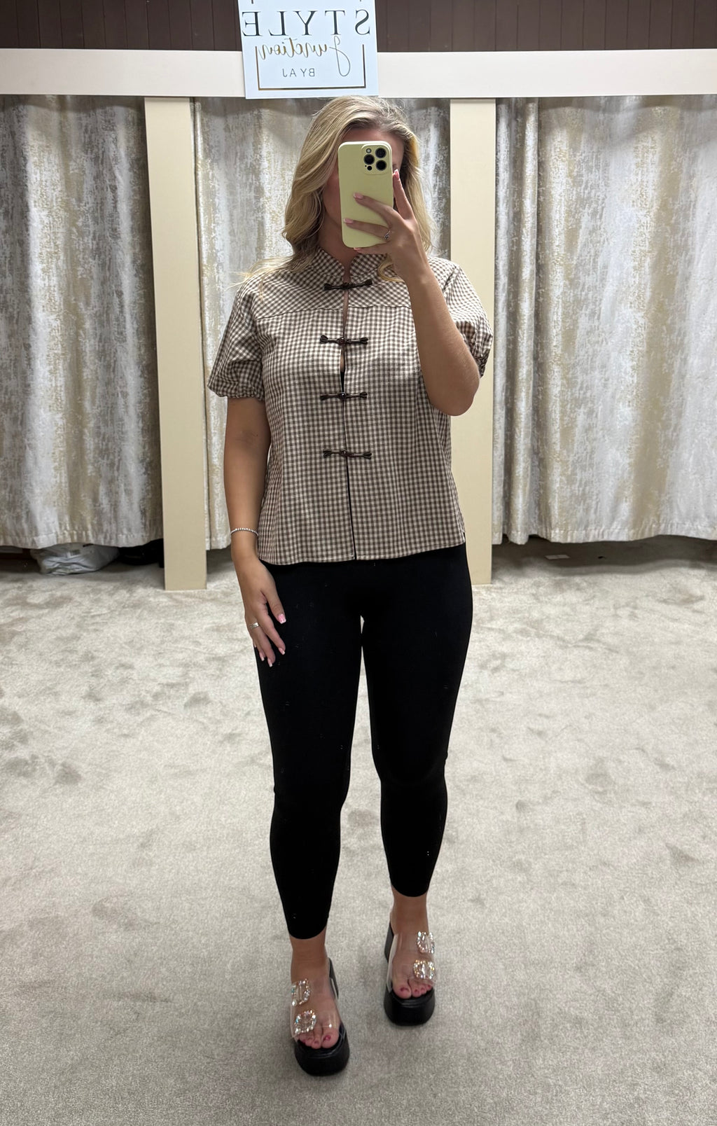 Gingham Print Puff Ball Sleeve Blouse