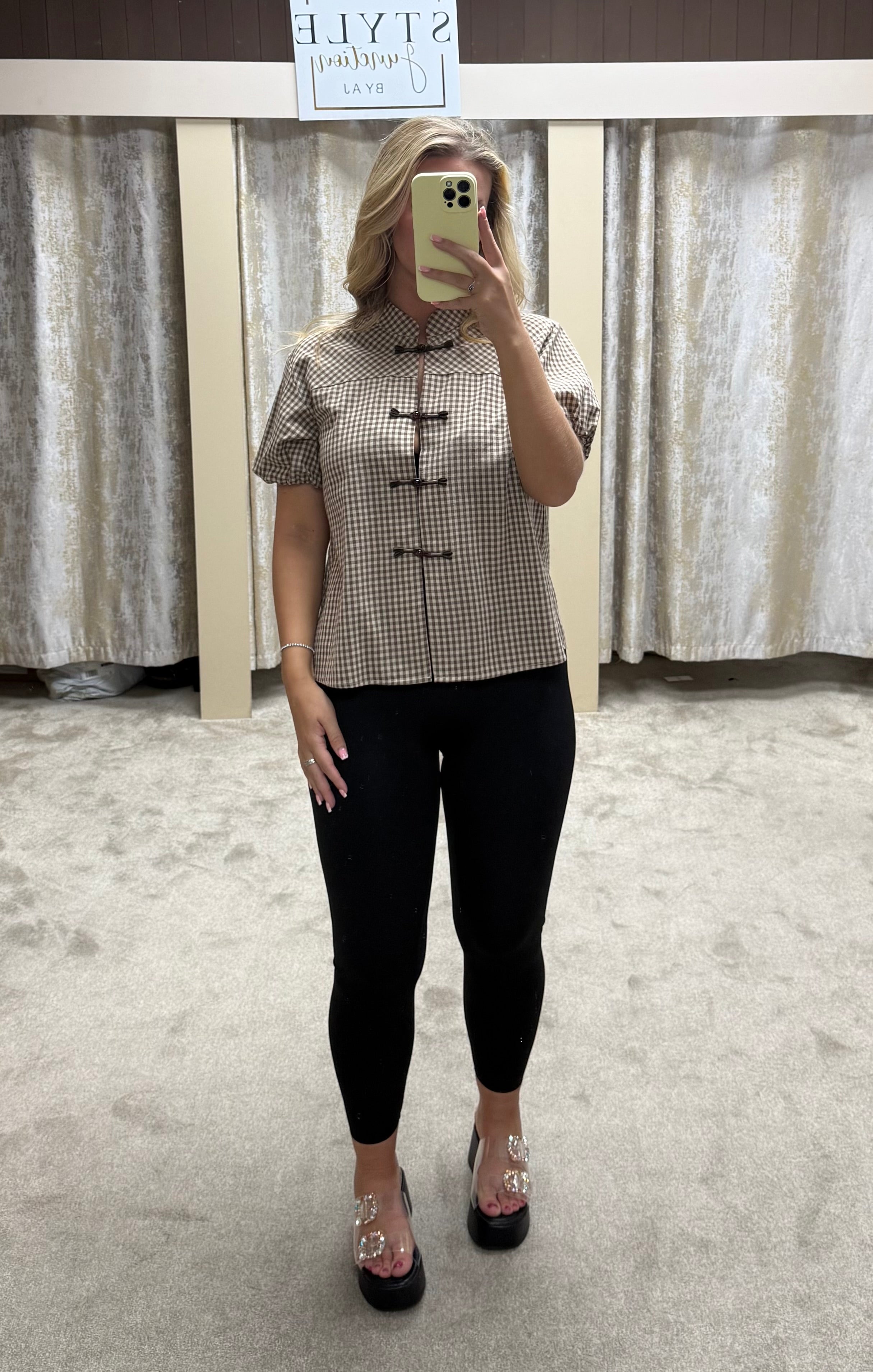 Gingham Print Puff Ball Sleeve Blouse