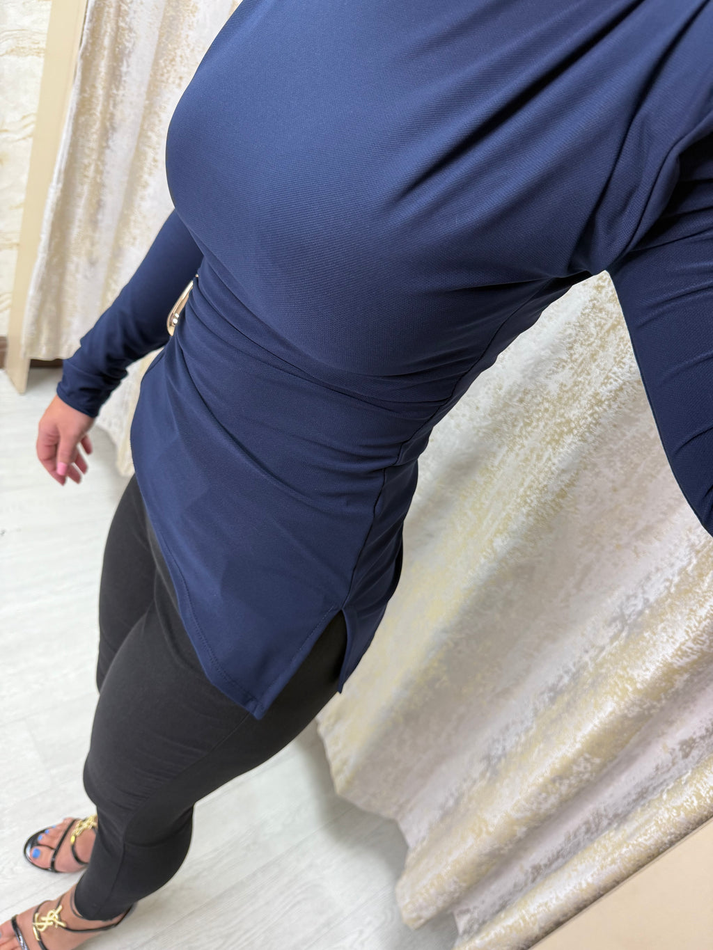 Asymmetric Side Split Long Sleeve Buckle Top with Shoulder Pads & Ruched Detailing