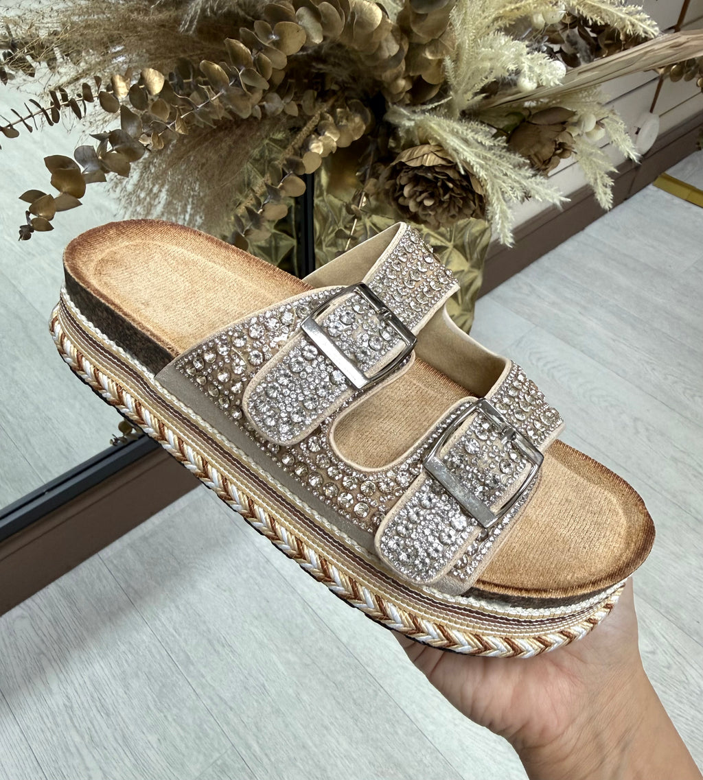 Diamanté Adjustable Buckle Platform Sliders- Beige