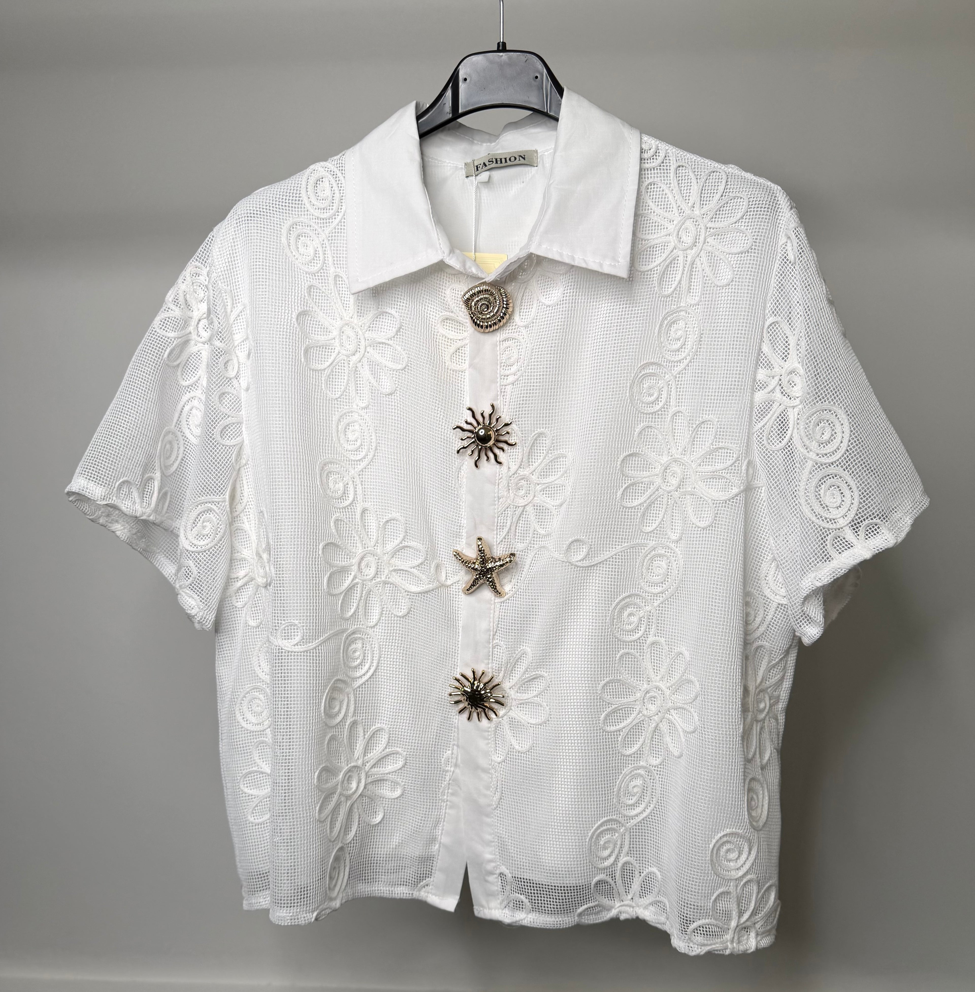 Flower Embroidered Mesh Shirt with Gold Summer Vibe Button Detail