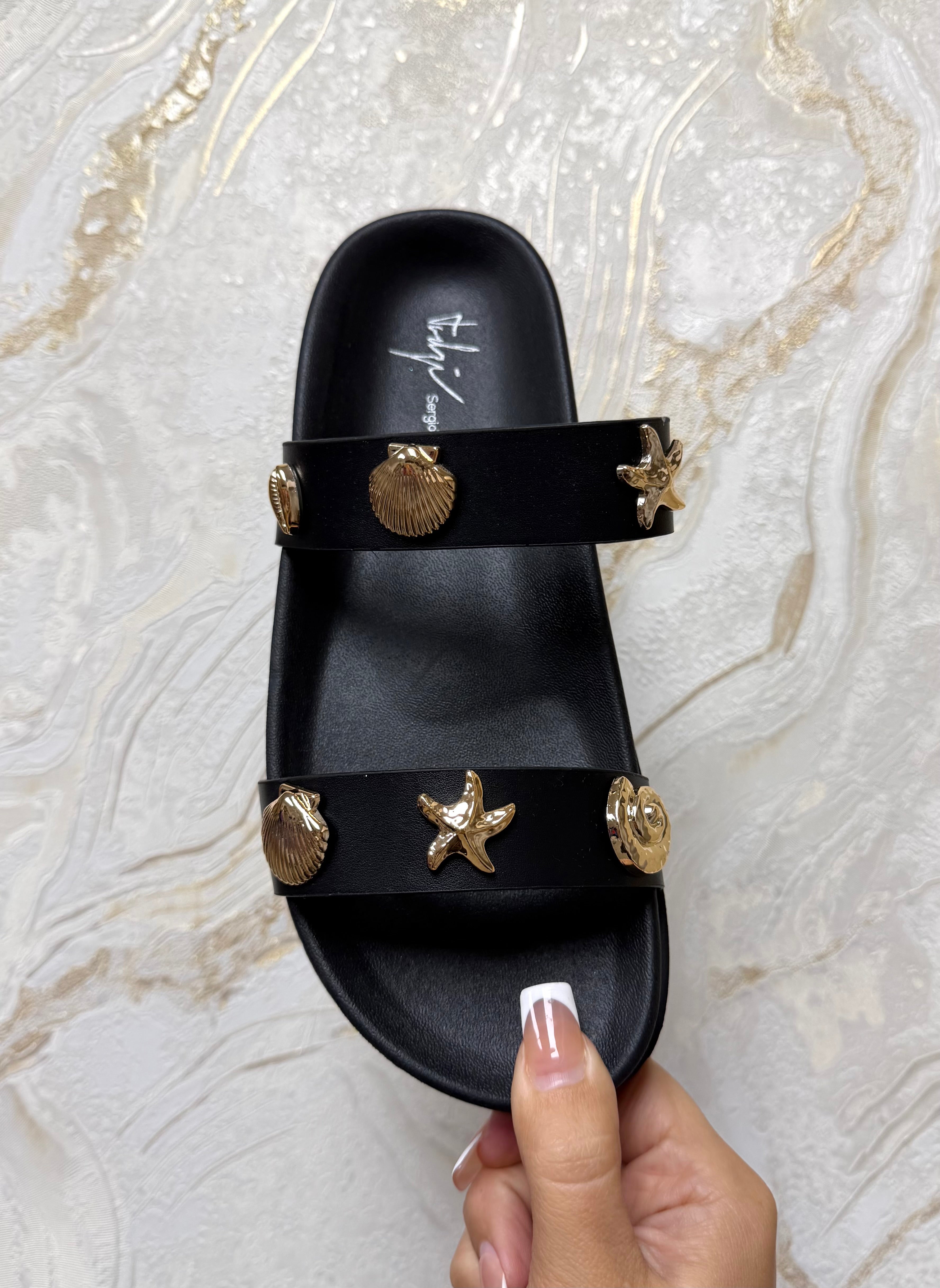 Seashell & Starfish Gold Detail Sliders - Black