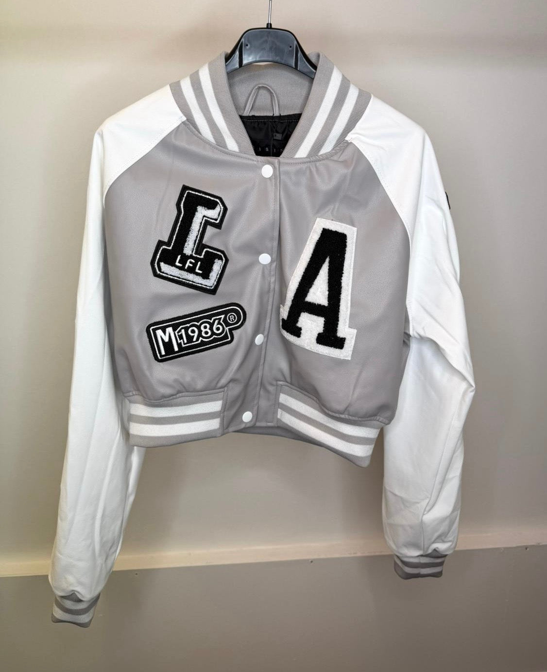 Cropped LA Bomber Jacket - Grey Faux Leather